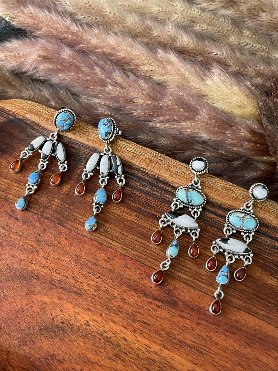 Handmade Sterling Silver Canyon Sunset Collection: Golden Hills Turquoise with White Buffalo and Carnelian Post Dangle Earrings "Signed Nizhoni"