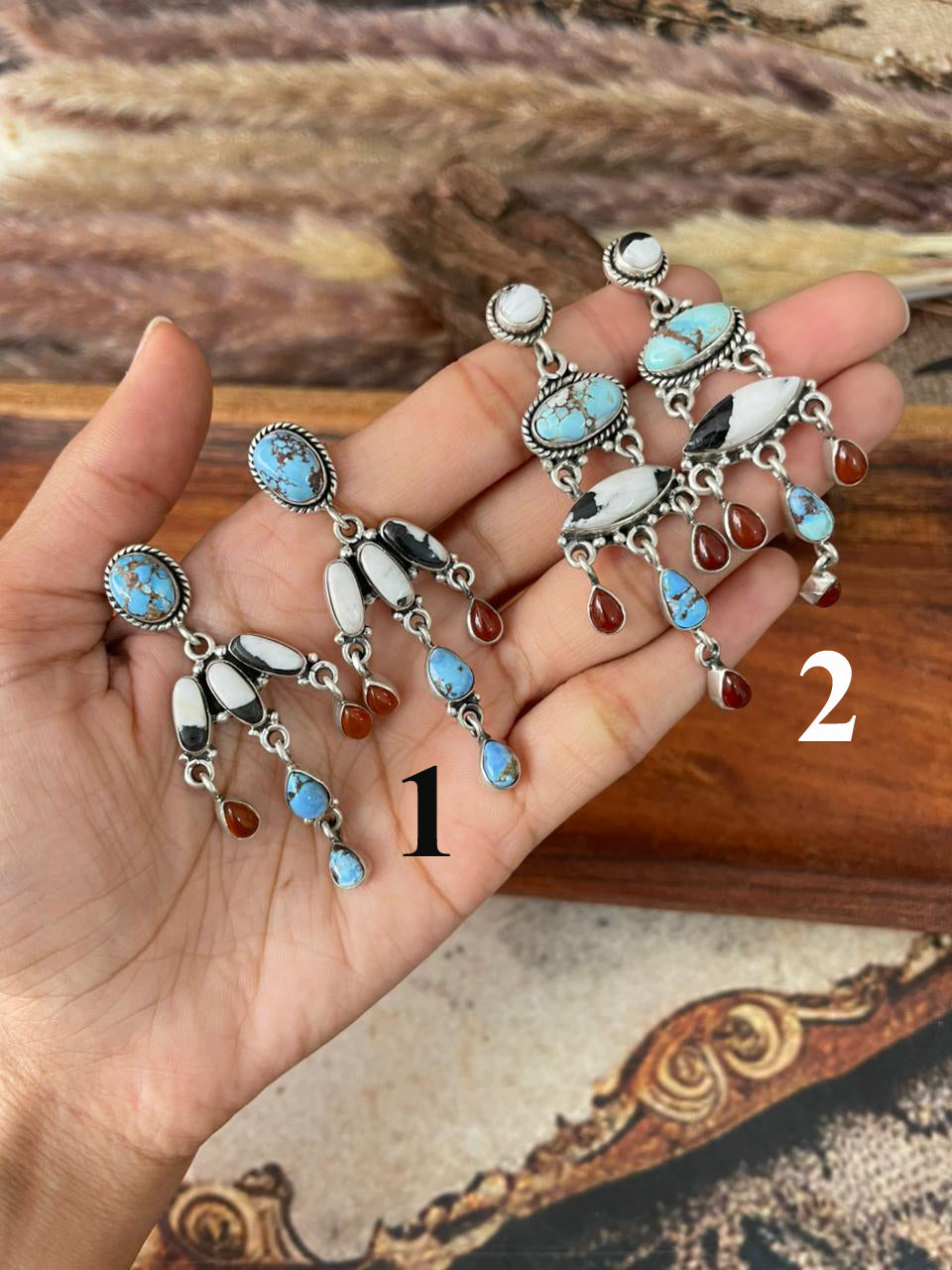 Handmade Sterling Silver Canyon Sunset Collection: Golden Hills Turquoise with White Buffalo and Carnelian Post Dangle Earrings "Signed Nizhoni"