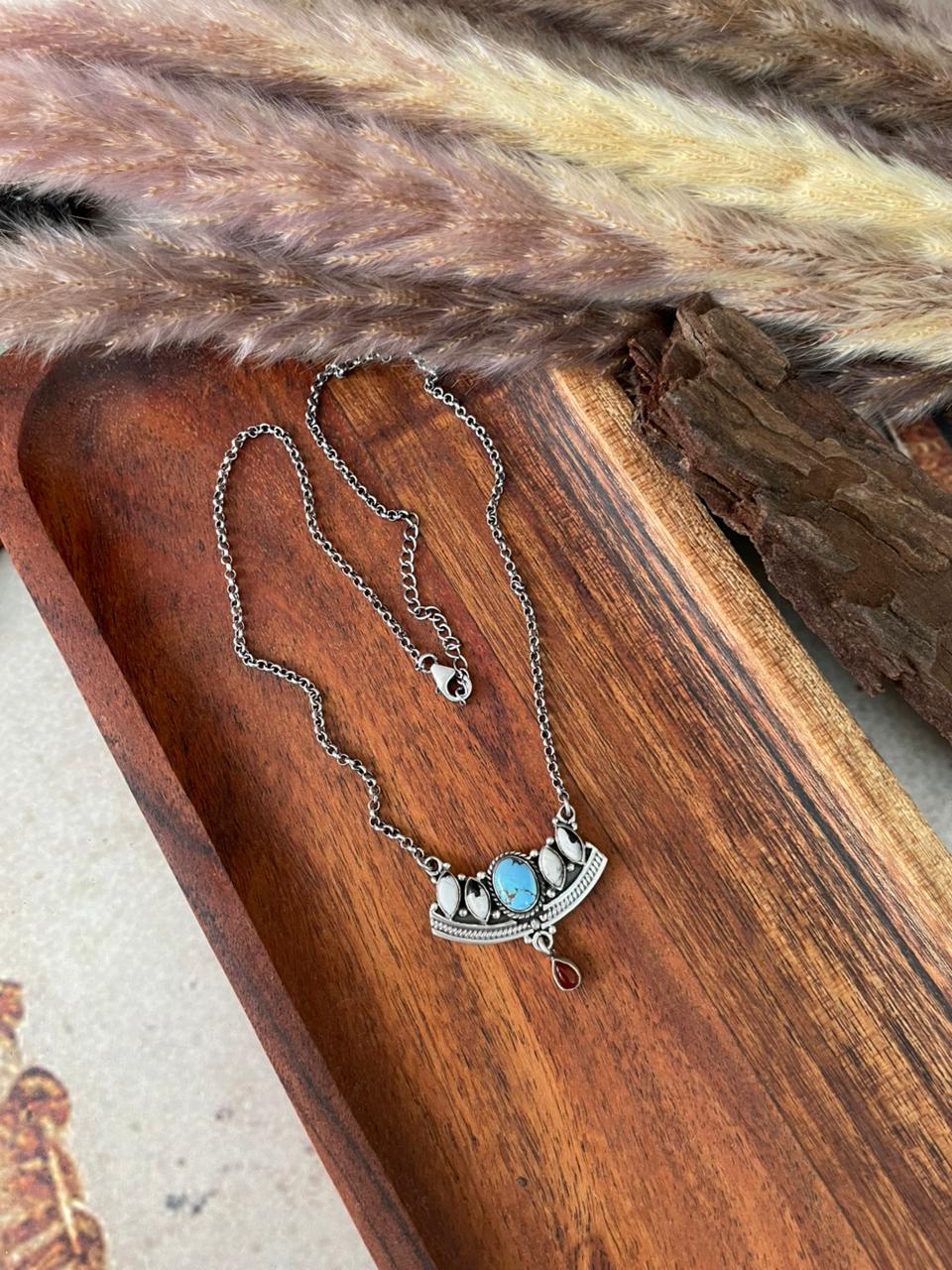 Handmade Sterling Silver Canyon Sunset Collection: Golden Hills Turquoise with White Buffalo and Carnelian Necklace "Signed Nizhoni" (7)