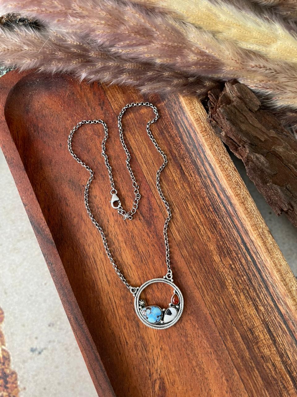 Handmade Sterling Silver Canyon Sunset Collection: Golden Hills Turquoise with White Buffalo and Carnelian Necklace "Signed Nizhoni" (9)