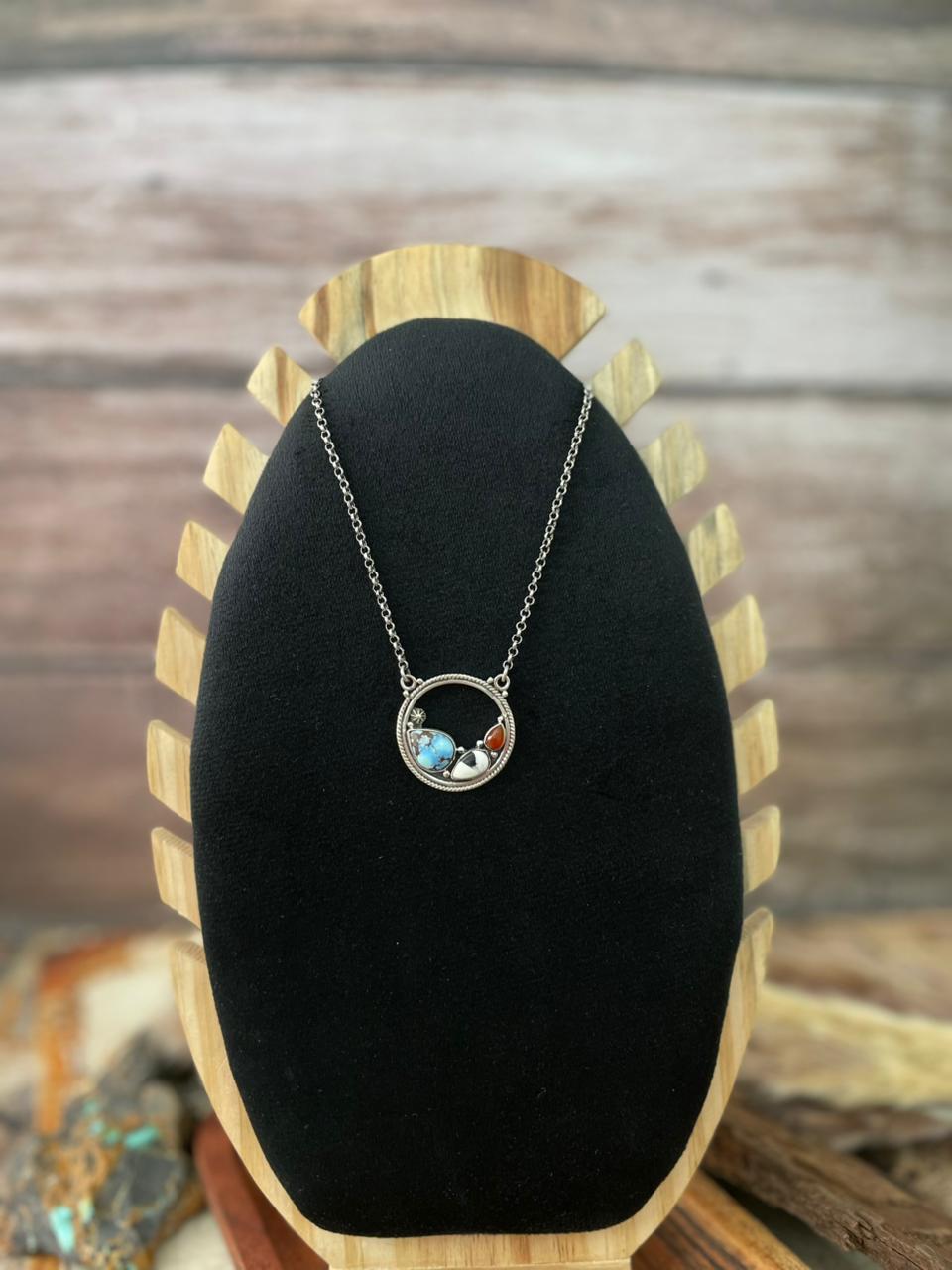 Handmade Sterling Silver Canyon Sunset Collection: Golden Hills Turquoise with White Buffalo and Carnelian Necklace "Signed Nizhoni" (9)