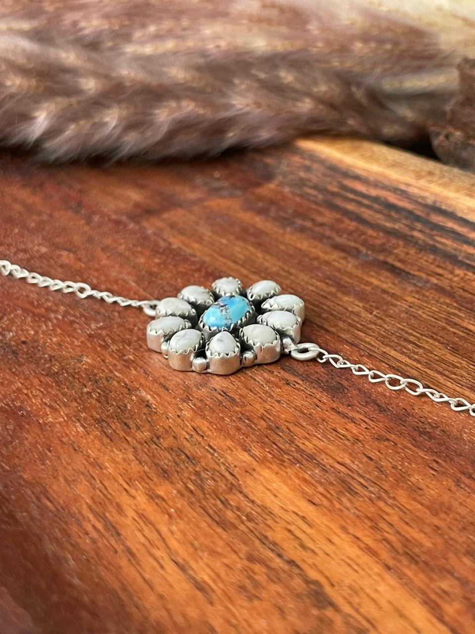 Handmade Sterling Silver Canyon Sunset Collection: Golden Hills Turquoise with White Buffalo Bracelet "Signed Nizhoni"
