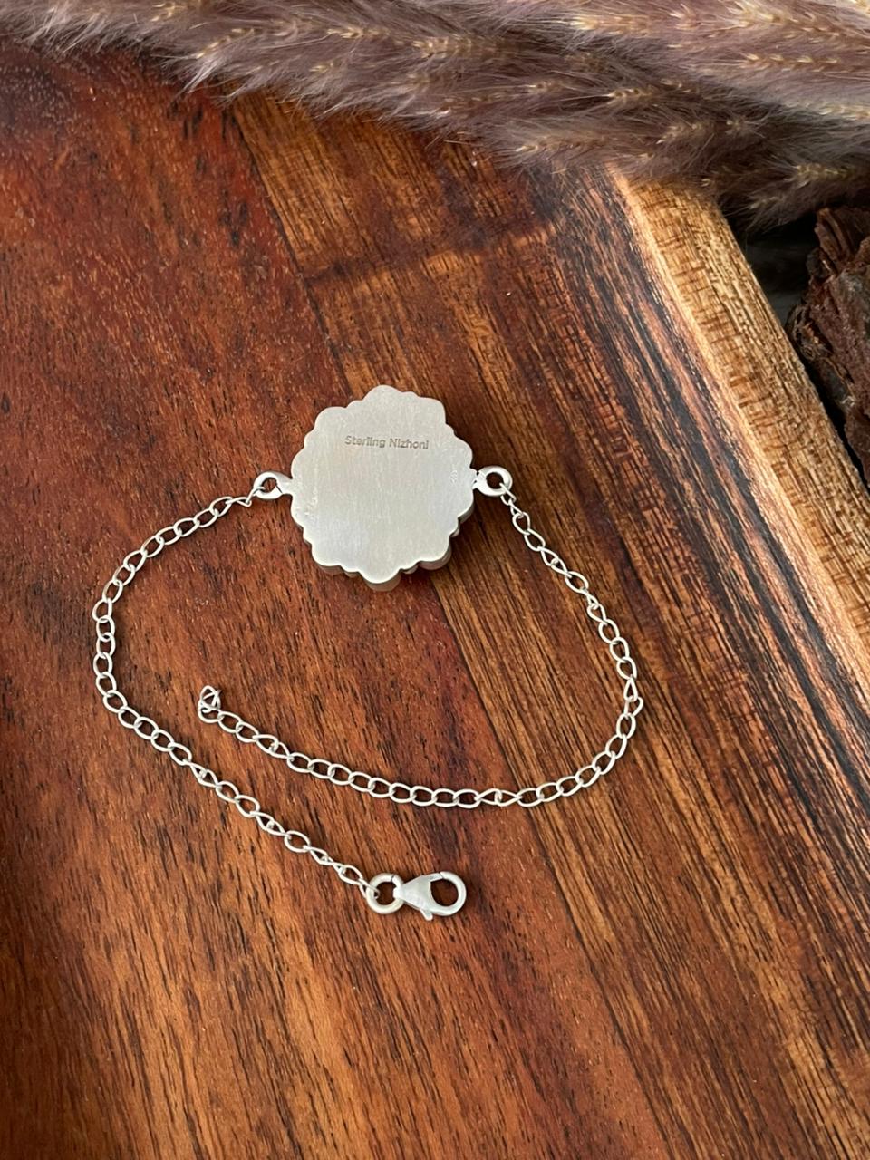 Handmade Sterling Silver Canyon Sunset Collection: Golden Hills Turquoise with White Buffalo Bracelet "Signed Nizhoni"