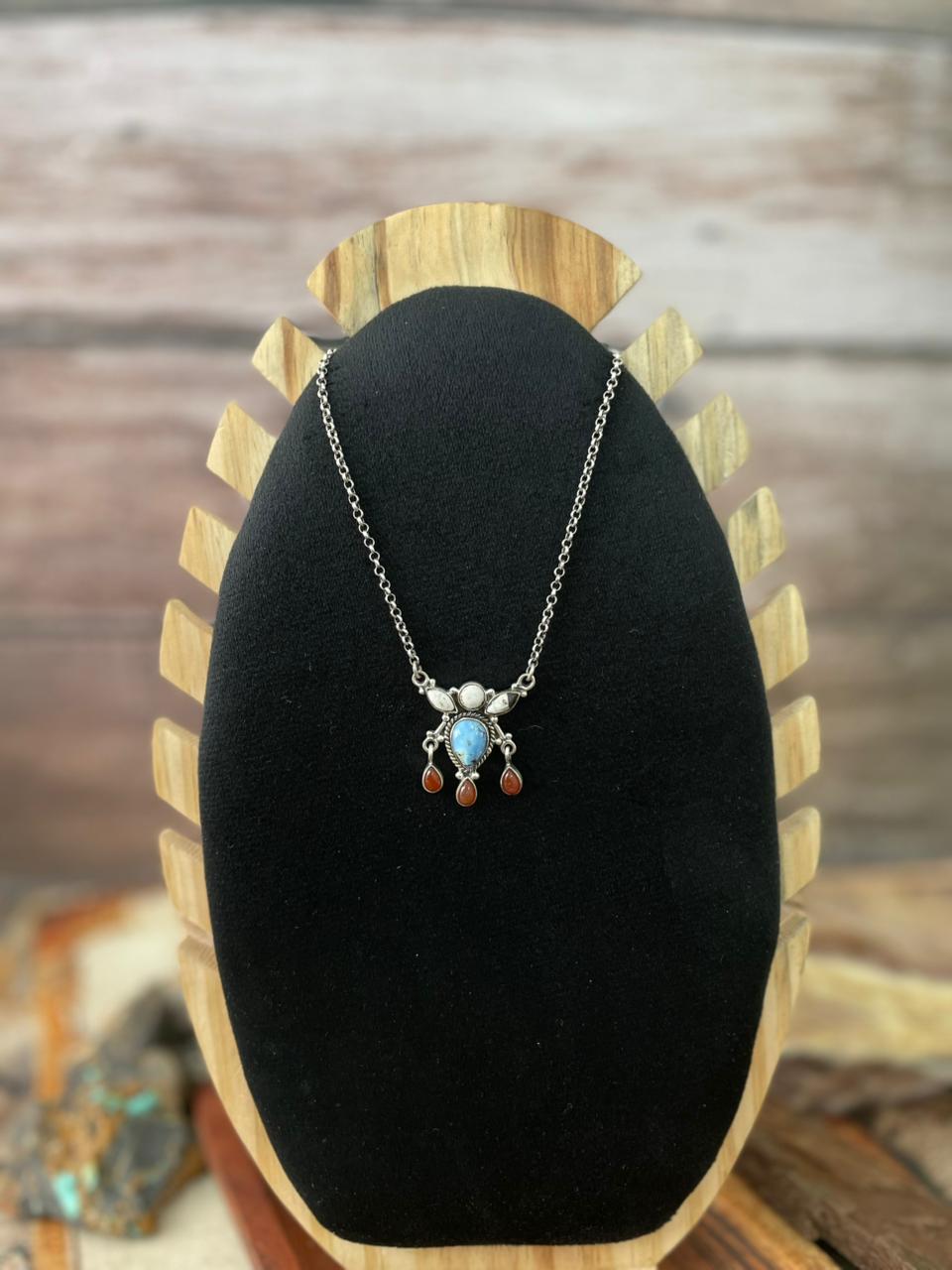 Handmade Sterling Silver Canyon Sunset Collection: Golden Hills Turquoise with White Buffalo and Carnelian Necklace "Signed Nizhoni" (6)