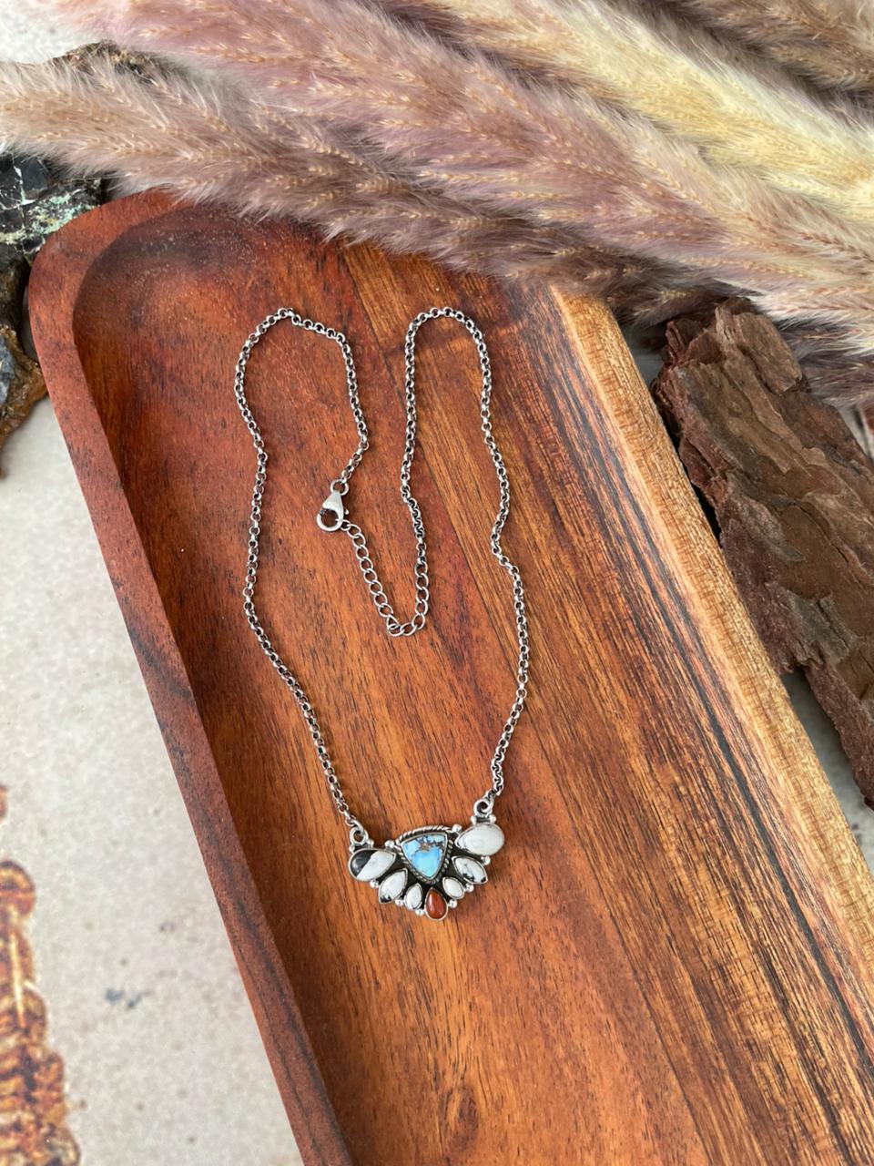 Handmade Sterling Silver Canyon Sunset Collection: Golden Hills Turquoise with White Buffalo and Carnelian Necklace "Signed Nizhoni" (8)