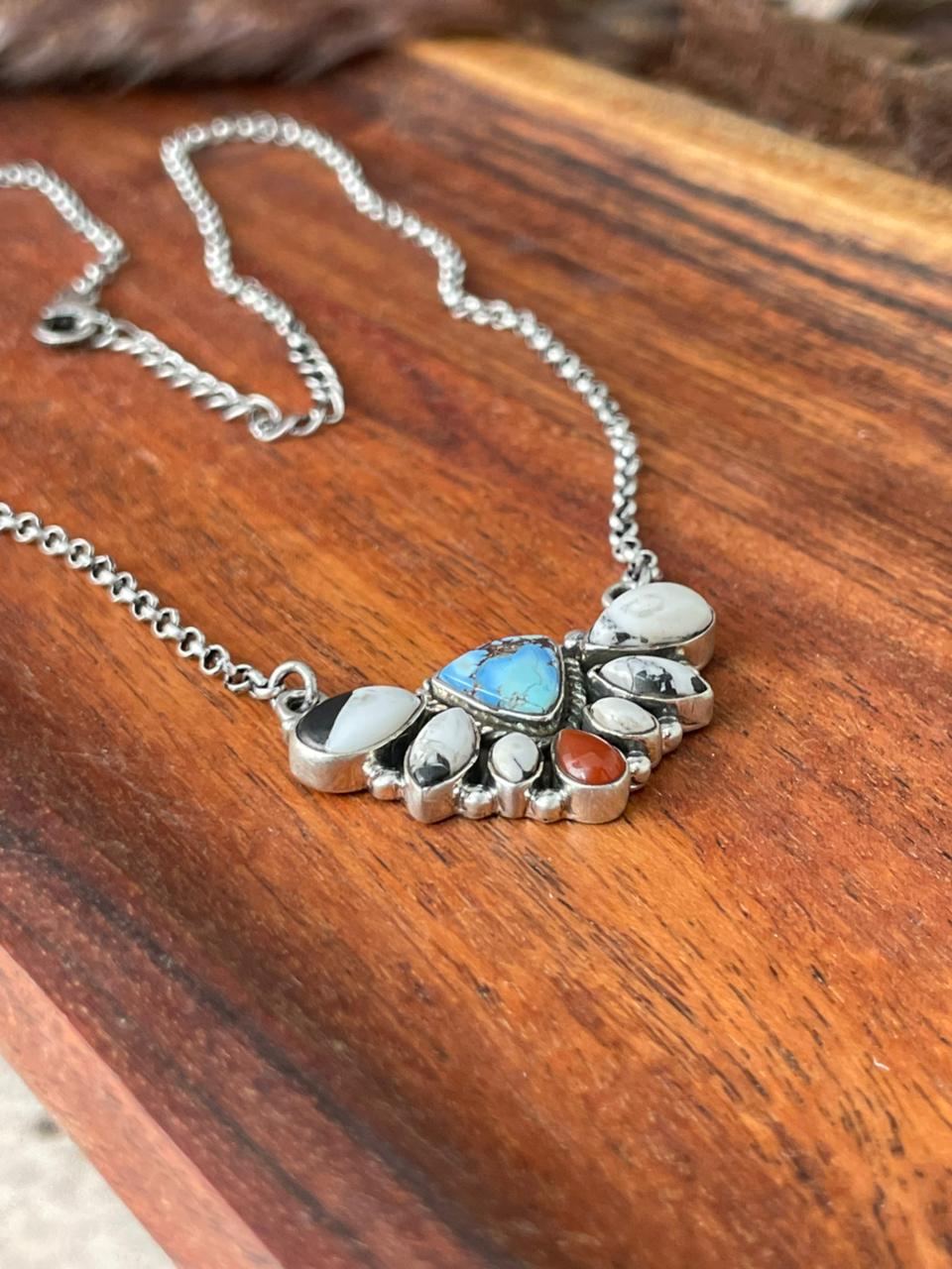 Handmade Sterling Silver Canyon Sunset Collection: Golden Hills Turquoise with White Buffalo and Carnelian Necklace "Signed Nizhoni" (8)
