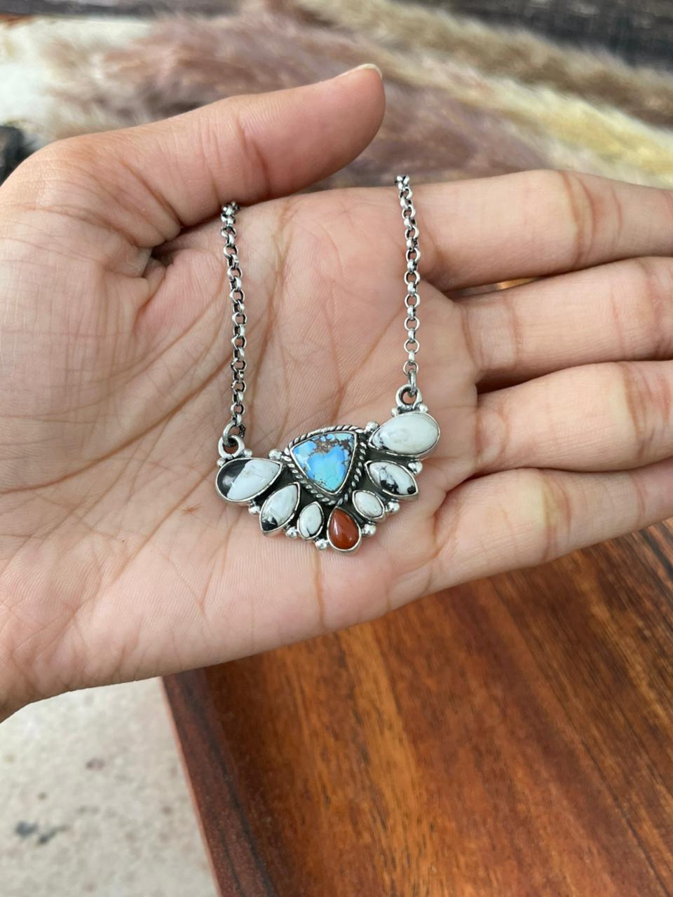 Handmade Sterling Silver Canyon Sunset Collection: Golden Hills Turquoise with White Buffalo and Carnelian Necklace "Signed Nizhoni" (8)