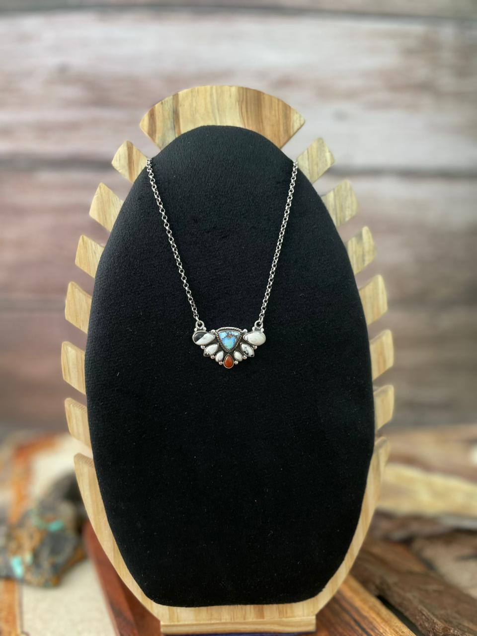 Handmade Sterling Silver Canyon Sunset Collection: Golden Hills Turquoise with White Buffalo and Carnelian Necklace "Signed Nizhoni" (8)