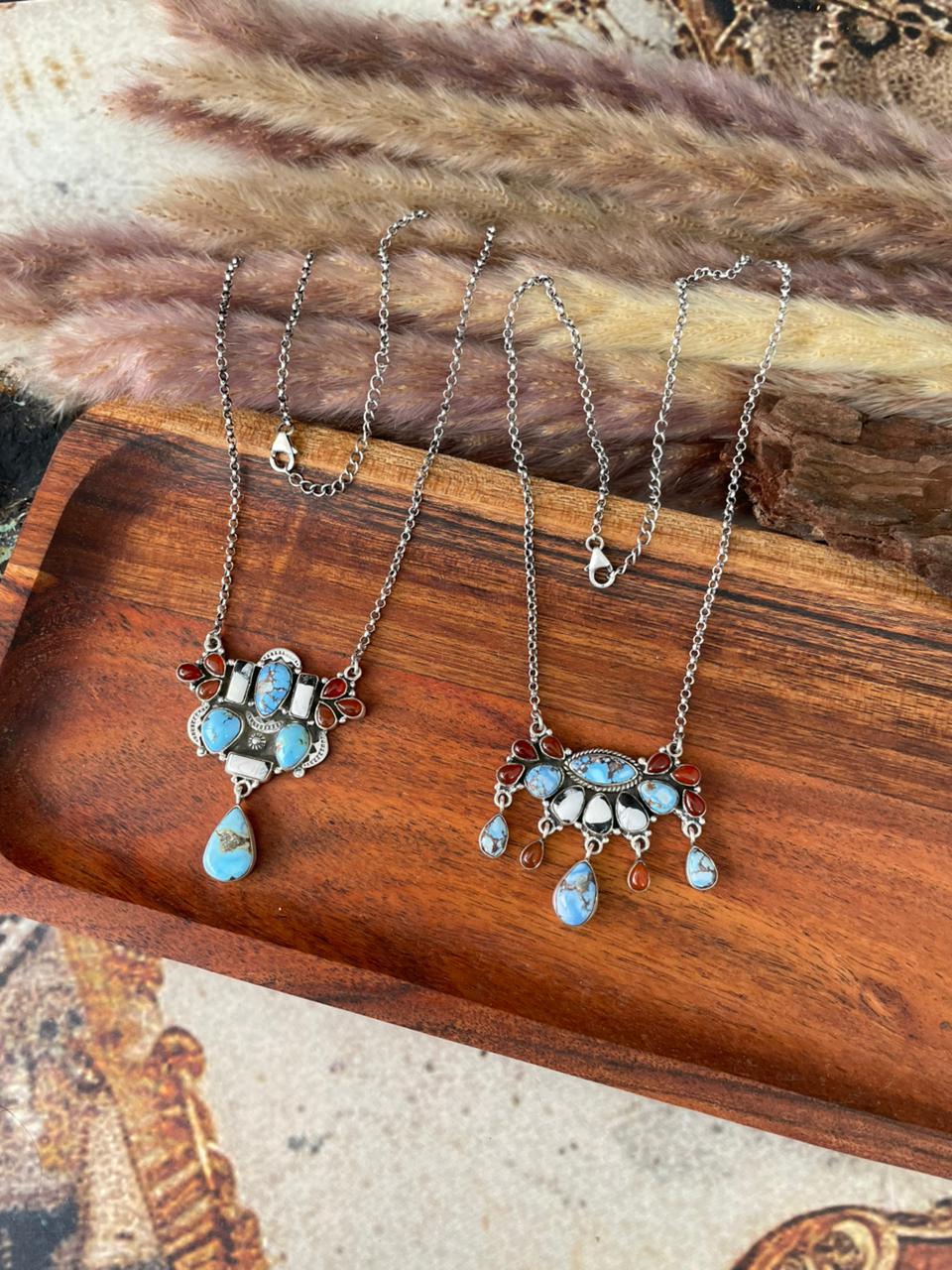 Handmade Sterling Silver Canyon Sunset Collection: Golden Hills Turquoise with White Buffalo and Carnelian Necklace "Signed Nizhoni"