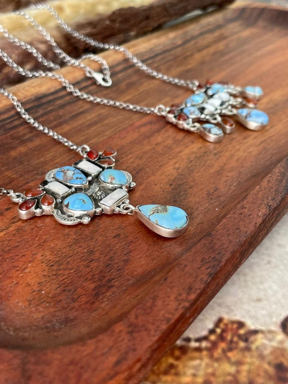 Handmade Sterling Silver Canyon Sunset Collection: Golden Hills Turquoise with White Buffalo and Carnelian Necklace "Signed Nizhoni"