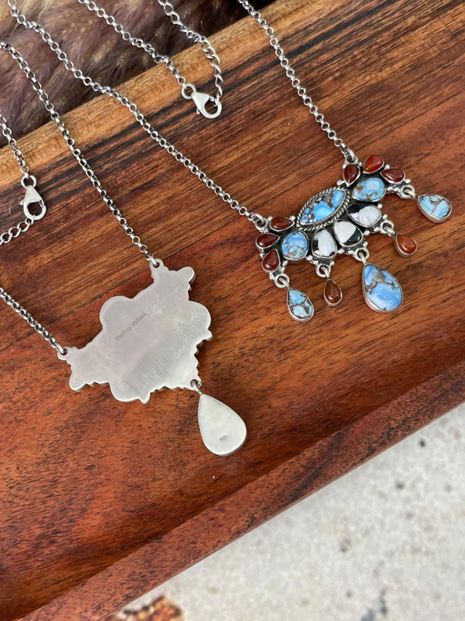 Handmade Sterling Silver Canyon Sunset Collection: Golden Hills Turquoise with White Buffalo and Carnelian Necklace "Signed Nizhoni"