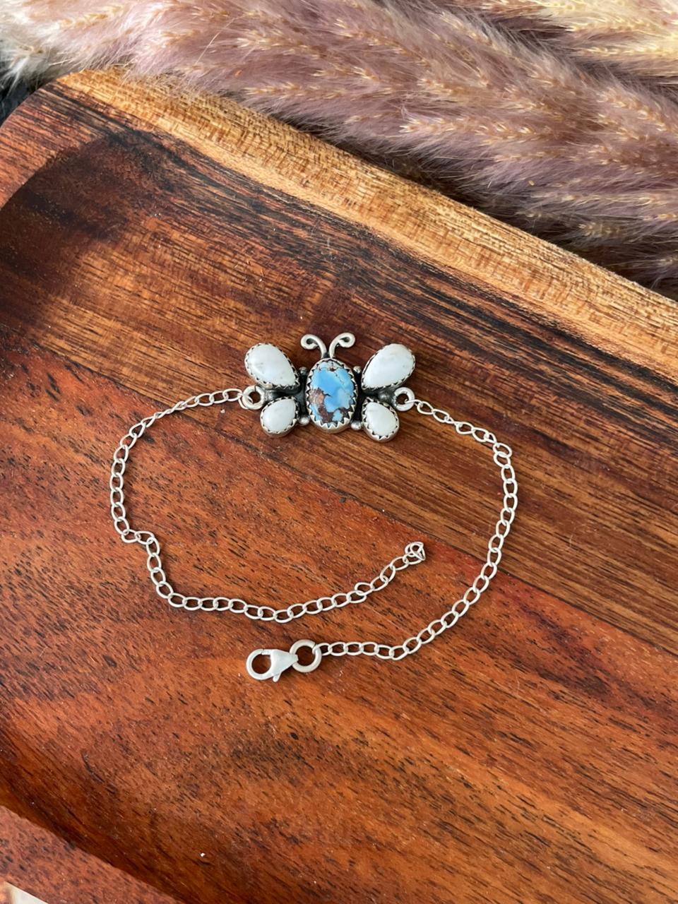 Handmade Sterling Silver Canyon Sunset Collection: Golden Hills Turquoise with White Buffalo Butterfly Bracelet "Signed Nizhoni"