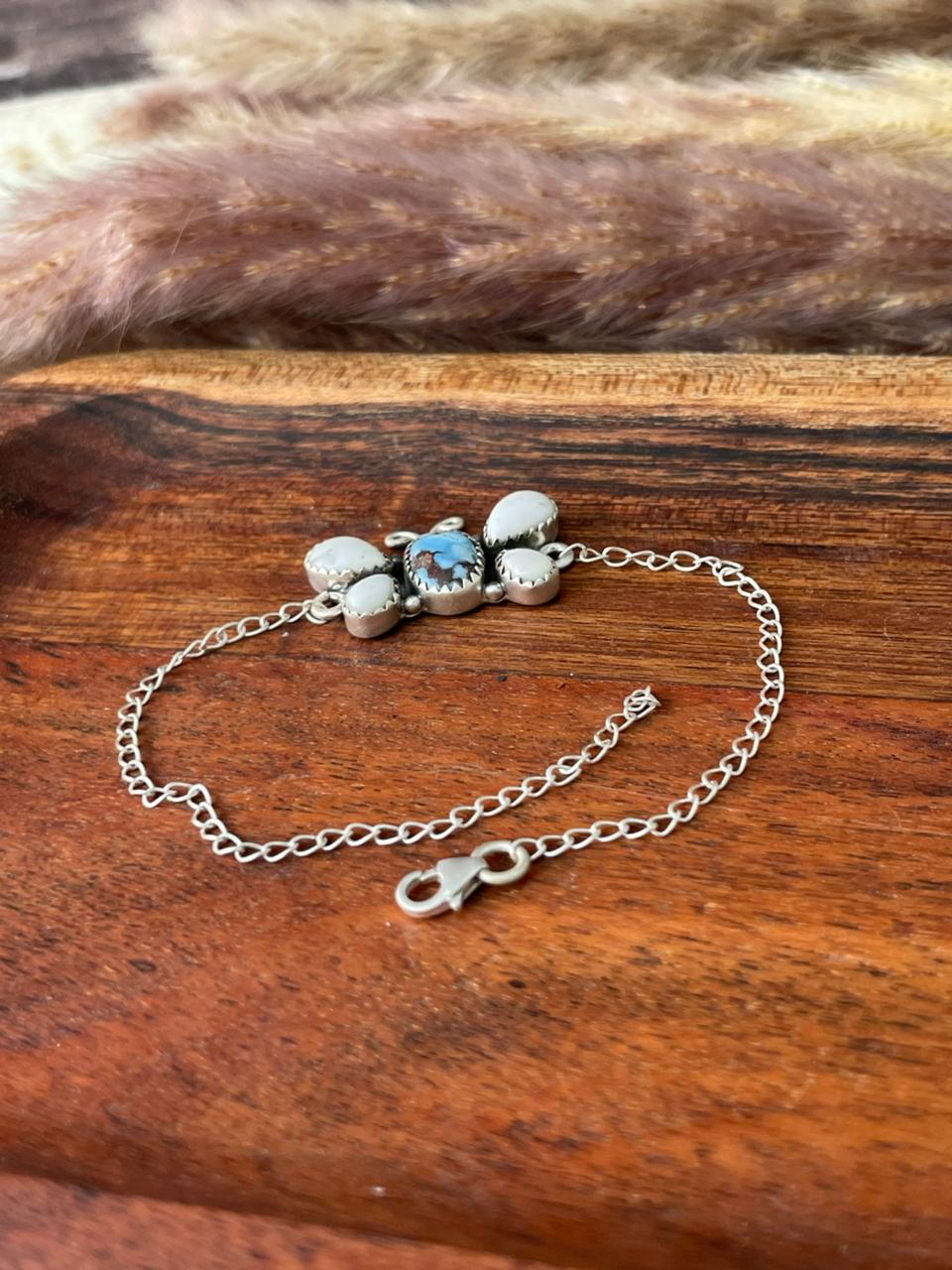 Handmade Sterling Silver Canyon Sunset Collection: Golden Hills Turquoise with White Buffalo Butterfly Bracelet "Signed Nizhoni"