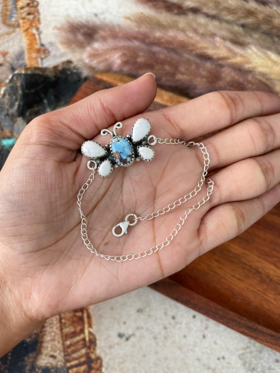 Handmade Sterling Silver Canyon Sunset Collection: Golden Hills Turquoise with White Buffalo Butterfly Bracelet "Signed Nizhoni"