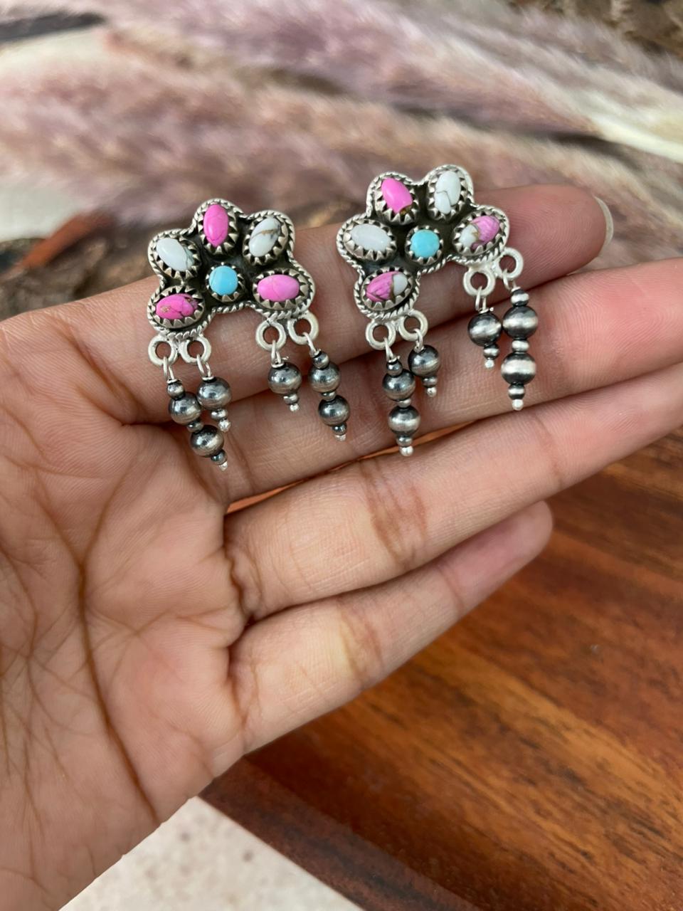 Handmade Sterling Silver Cotton Candy Post Dangle Beaded Earrings "Signed Nizhoni"