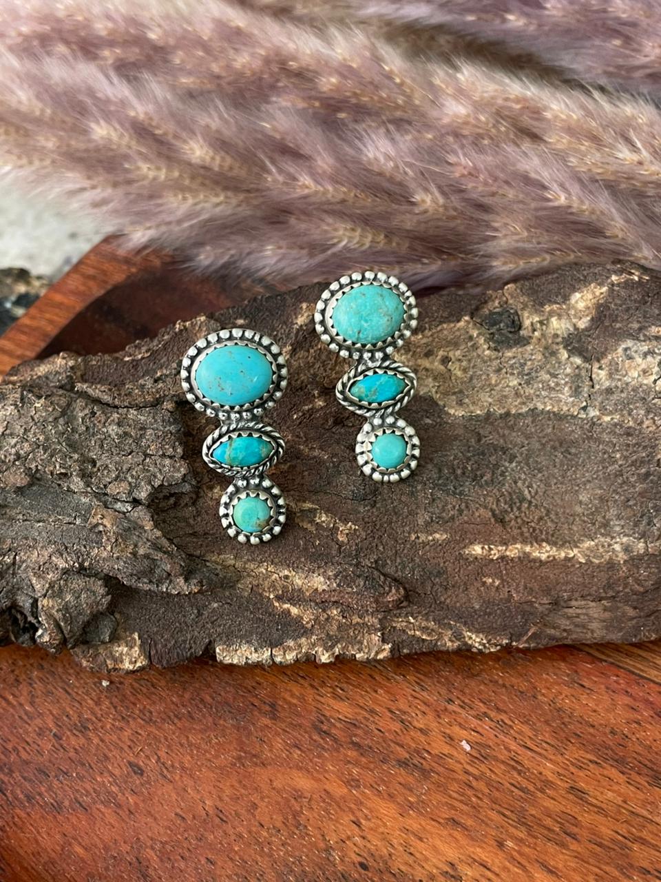 Handmade Sterling Silver Kingman Turquoise Post Earrings "Signed Nizhoni"