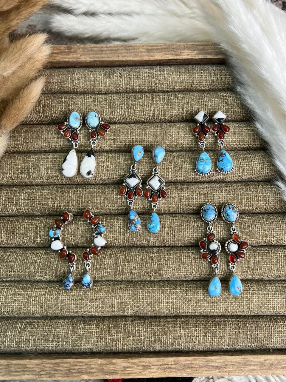 Handmade Sterling Silver Canyon Sunset Collection: Golden Hills Turquoise with White Buffalo and Carnelian Post Dangle Earrings "Signed Nizhoni"