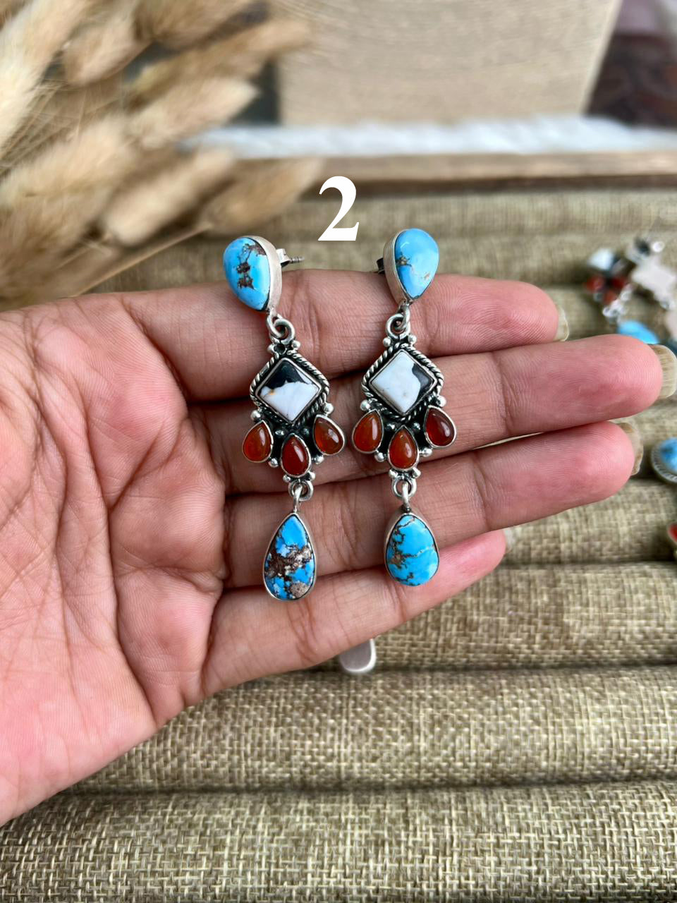 Handmade Sterling Silver Canyon Sunset Collection: Golden Hills Turquoise with White Buffalo and Carnelian Post Dangle Earrings "Signed Nizhoni"