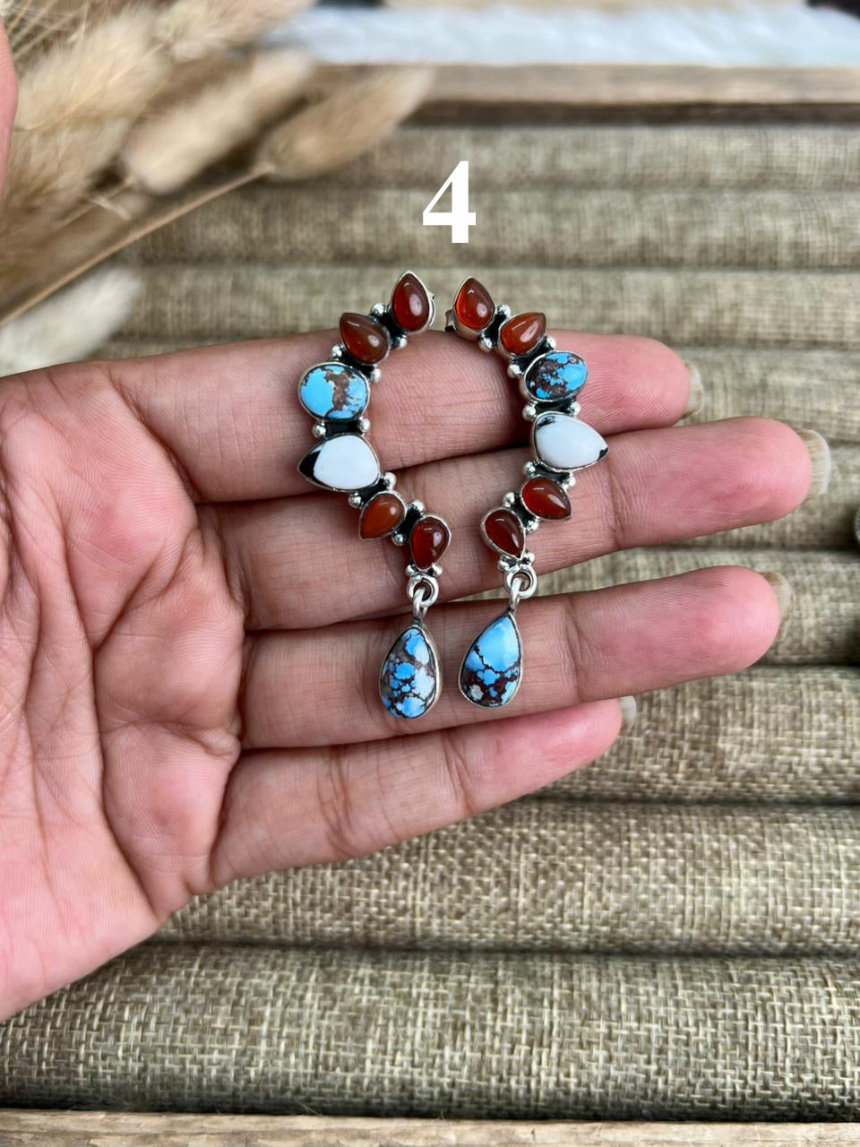 Handmade Sterling Silver Canyon Sunset Collection: Golden Hills Turquoise with White Buffalo and Carnelian Post Dangle Earrings "Signed Nizhoni"
