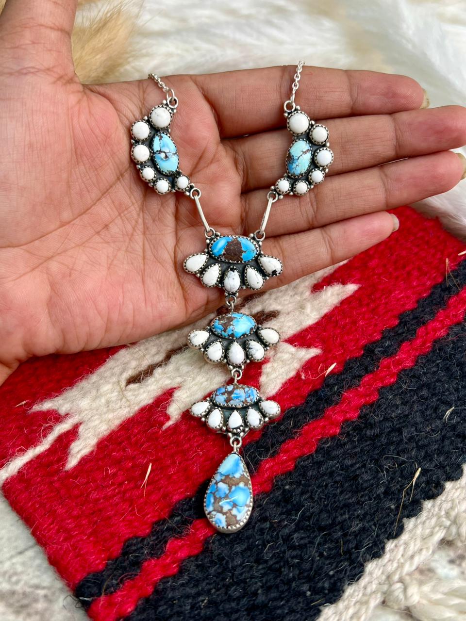 Handmade Sterling Silver Canyon Sunset Collection: Golden Hills Turquoise with White Buffalo 'Y' Shape Necklace "Signed Nizhoni"