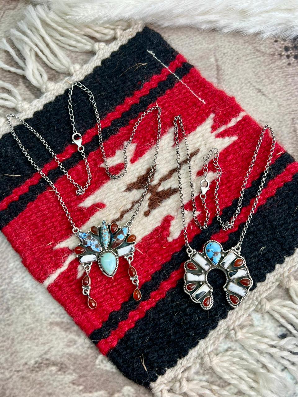 Handmade Sterling Silver Canyon Sunset Collection: Golden Hills Turquoise with White Buffalo and Carnelian Necklace "Signed Nizhoni"