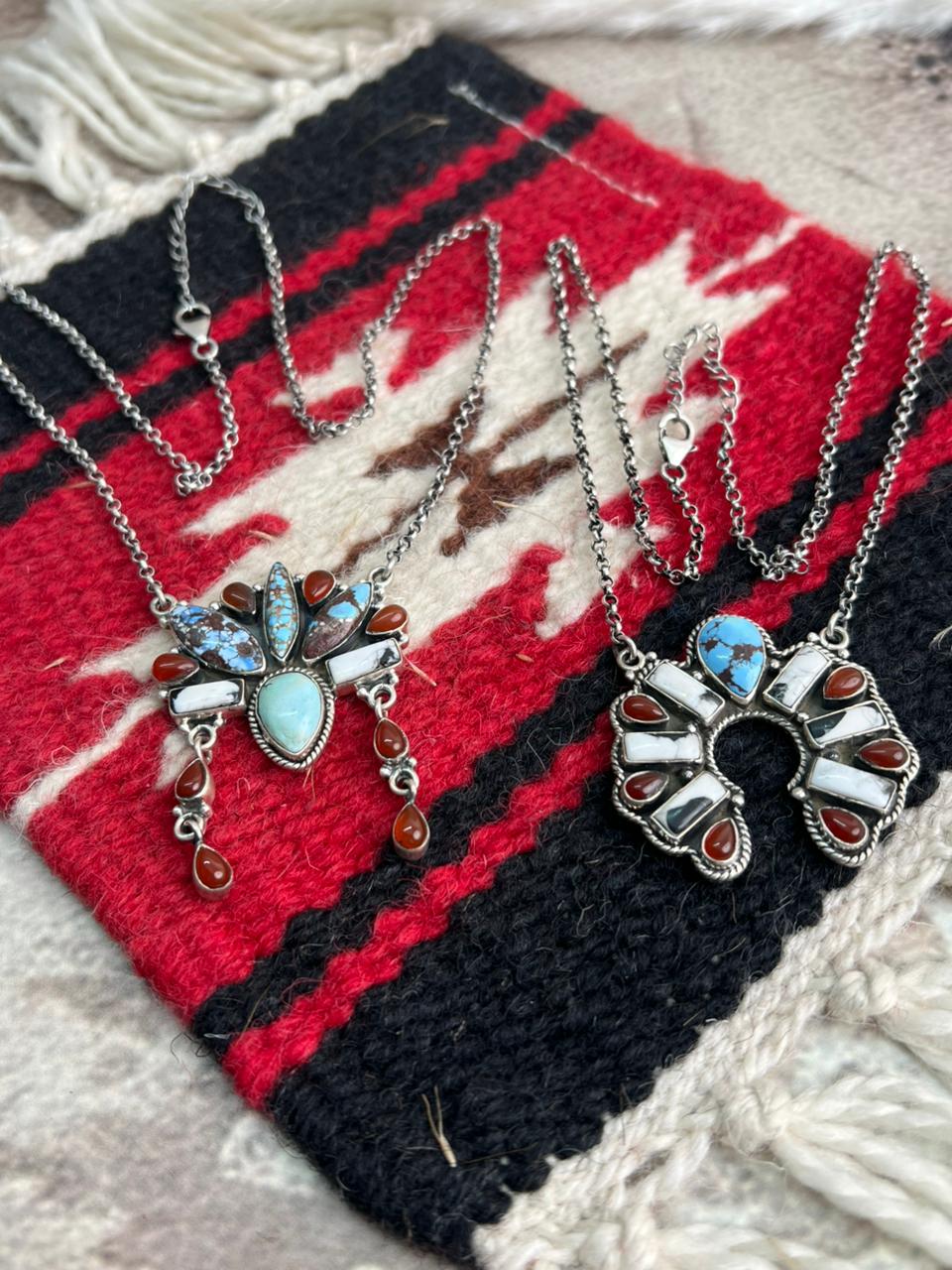 Handmade Sterling Silver Canyon Sunset Collection: Golden Hills Turquoise with White Buffalo and Carnelian Necklace "Signed Nizhoni"