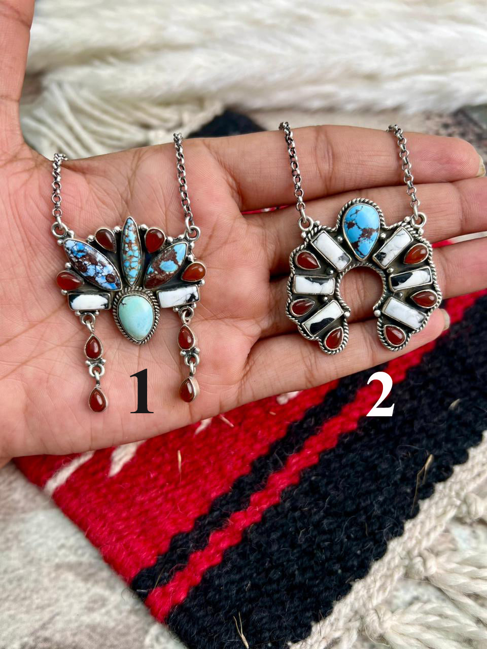 Handmade Sterling Silver Canyon Sunset Collection: Golden Hills Turquoise with White Buffalo and Carnelian Necklace "Signed Nizhoni"