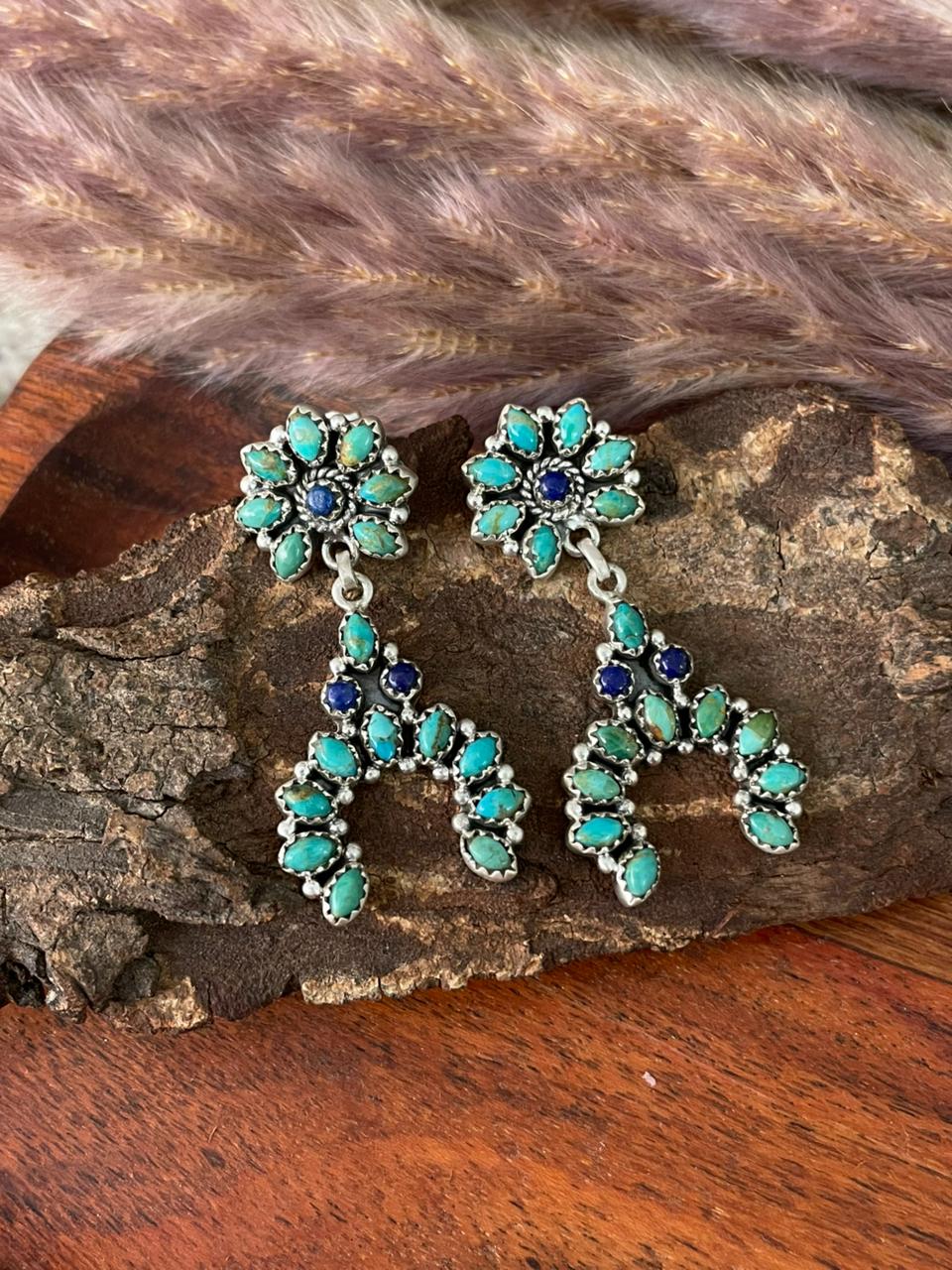 Handmade Sterling Silver Kingman Turquoise with Lapis Post Dangle Earrings "Signed Nizhoni"