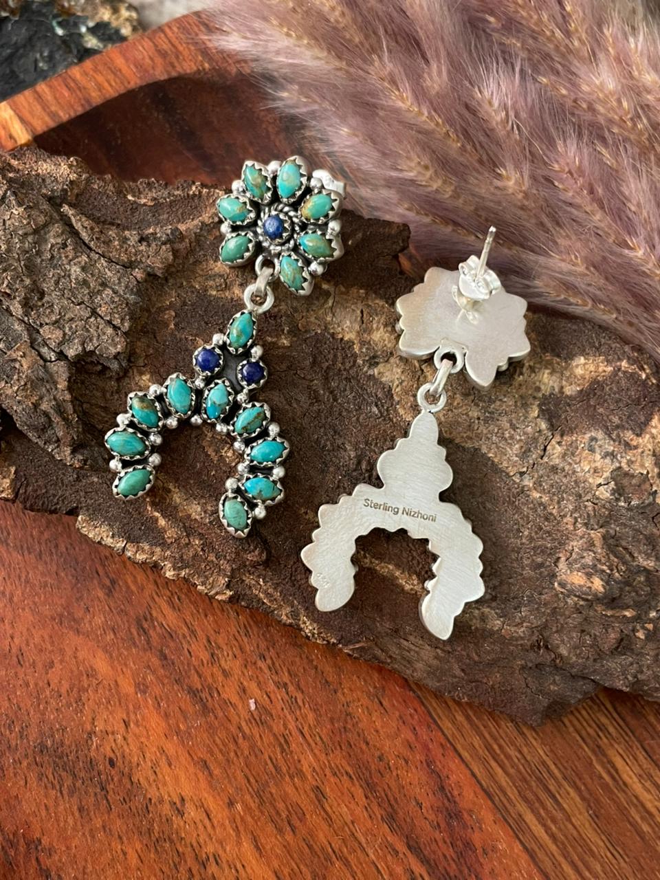 Handmade Sterling Silver Kingman Turquoise with Lapis Post Dangle Earrings "Signed Nizhoni"