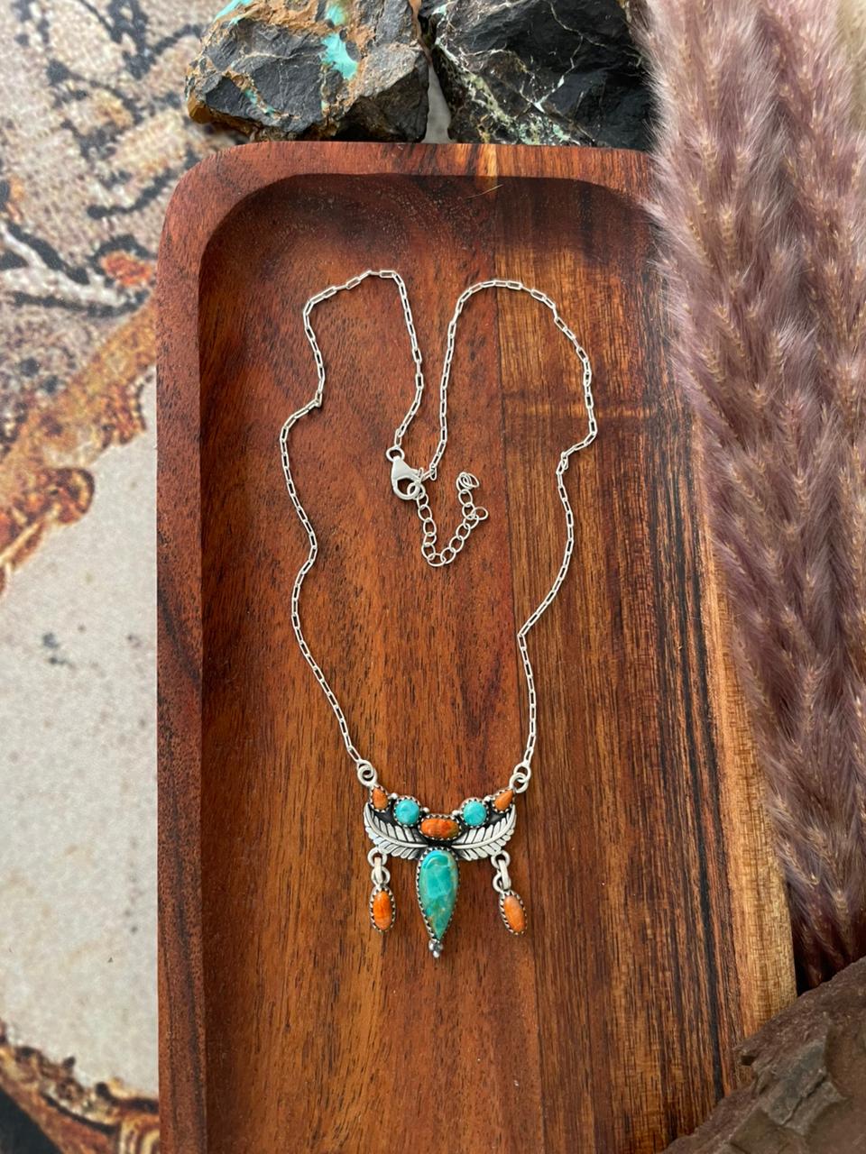 Handmade Sterling Silver Kingman Turquoise with Orange Mojave Necklace "Signed Nizhoni"