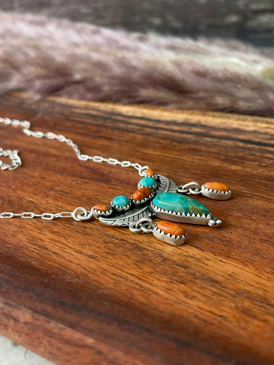 Handmade Sterling Silver Kingman Turquoise with Orange Mojave Necklace "Signed Nizhoni"