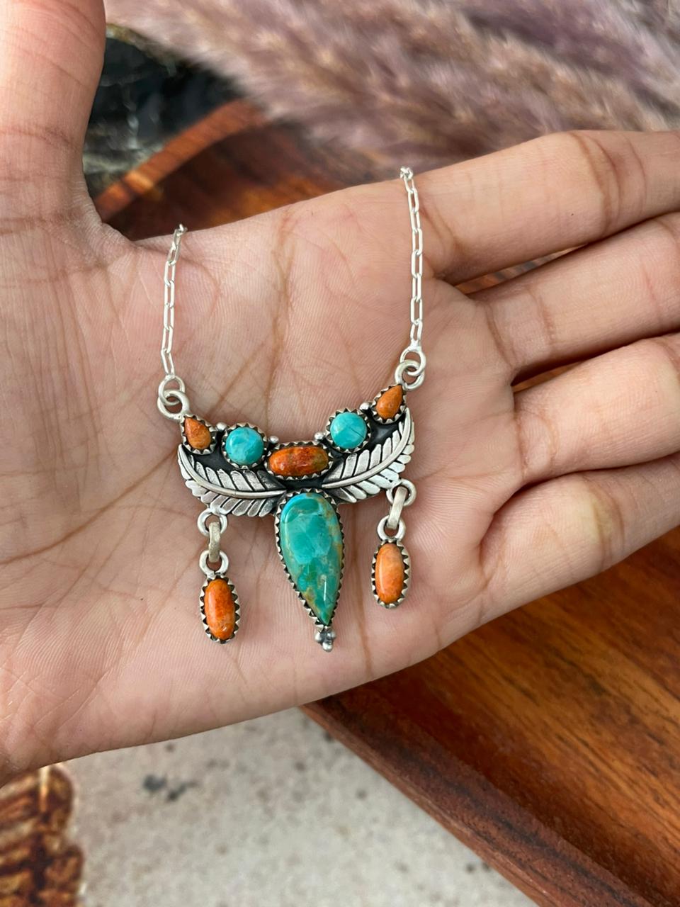 Handmade Sterling Silver Kingman Turquoise with Orange Mojave Necklace "Signed Nizhoni"