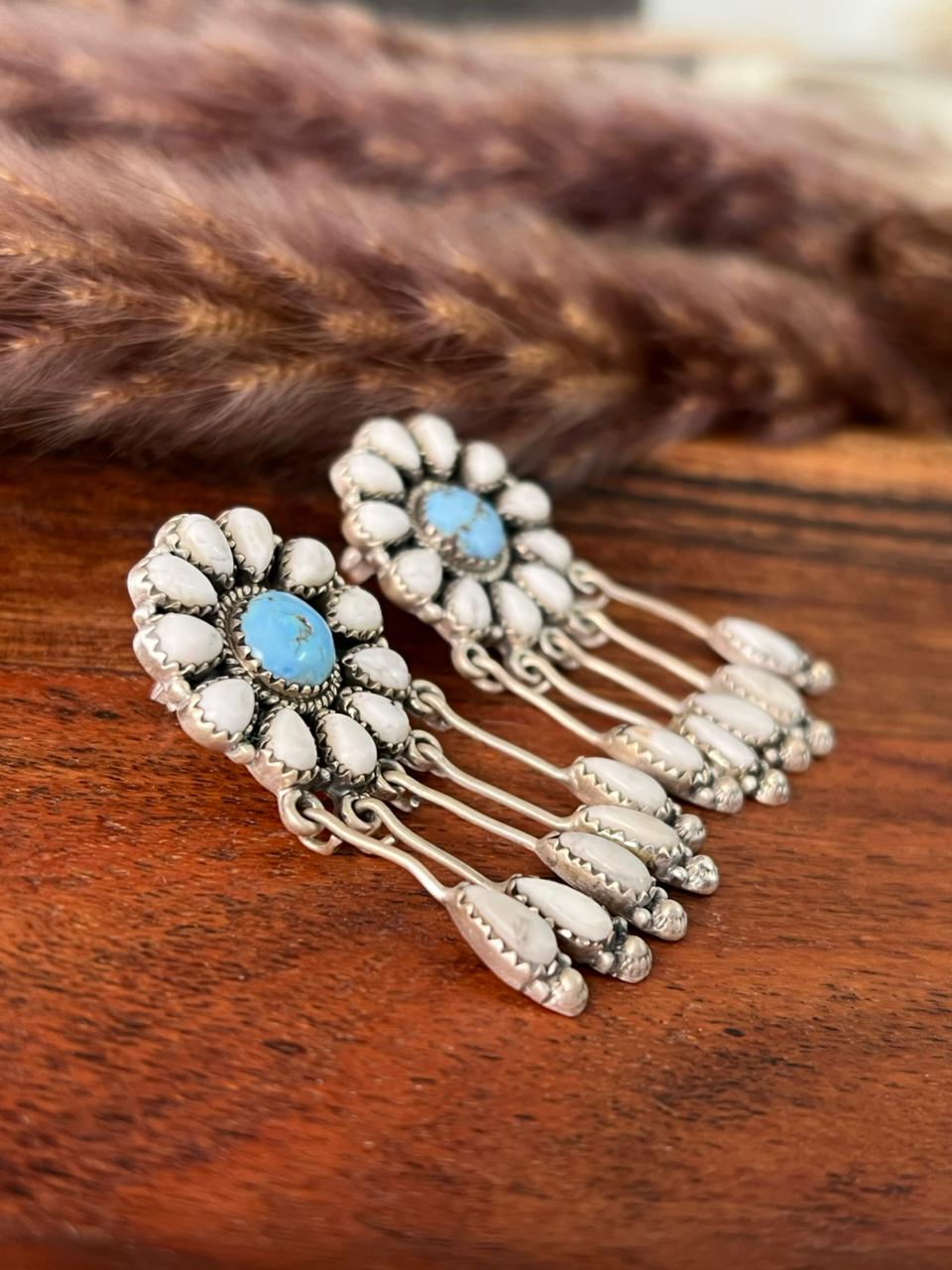 Handmade Sterling Silver White Buffalo with Golden Hills Turquoise Post Dangle Earrings "Signed Nizhoni"