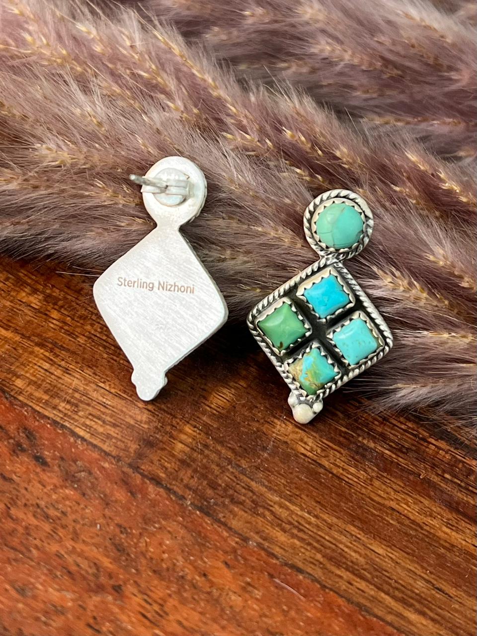 Handmade Sterling Silver Kingman Turquoise Post Earrings "Signed Nizhoni"