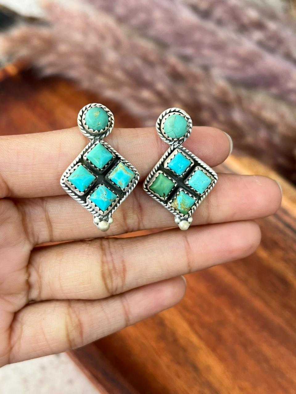 Handmade Sterling Silver Kingman Turquoise Post Earrings "Signed Nizhoni"