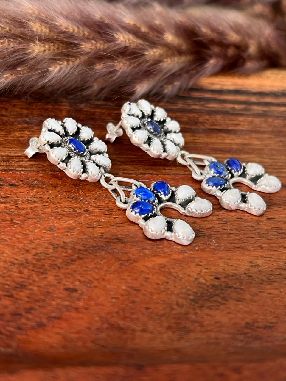 Handmade Sterling Silver White Buffalo with Lapis Post Dangle Earrings "Signed Nizhoni"