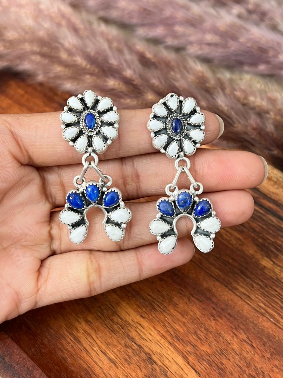 Handmade Sterling Silver White Buffalo with Lapis Post Dangle Earrings "Signed Nizhoni"
