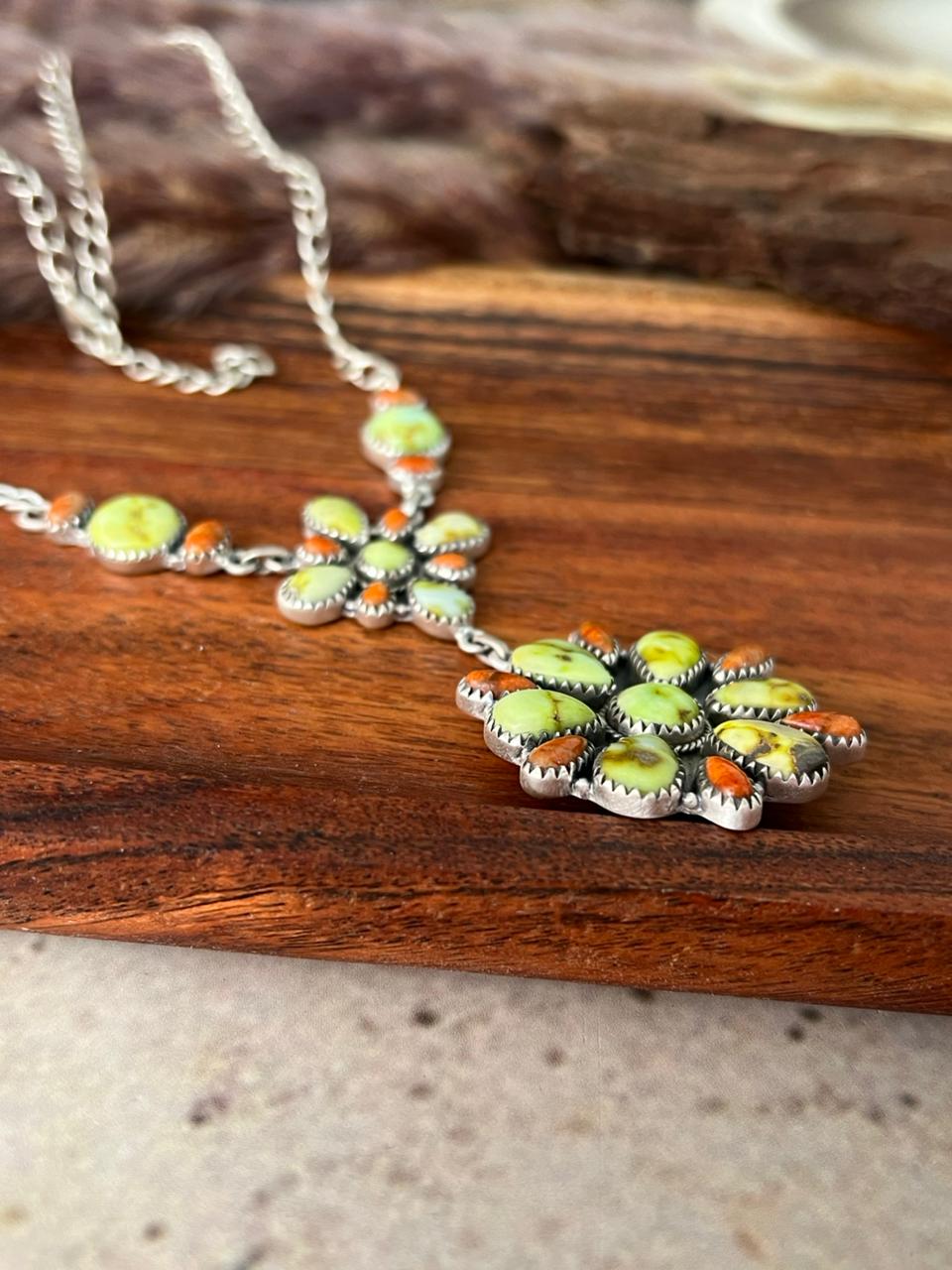 Handmade Sterling Silver Palomino Turquoise with Orange Mojave Drop Necklace "Signed Nizhoni"