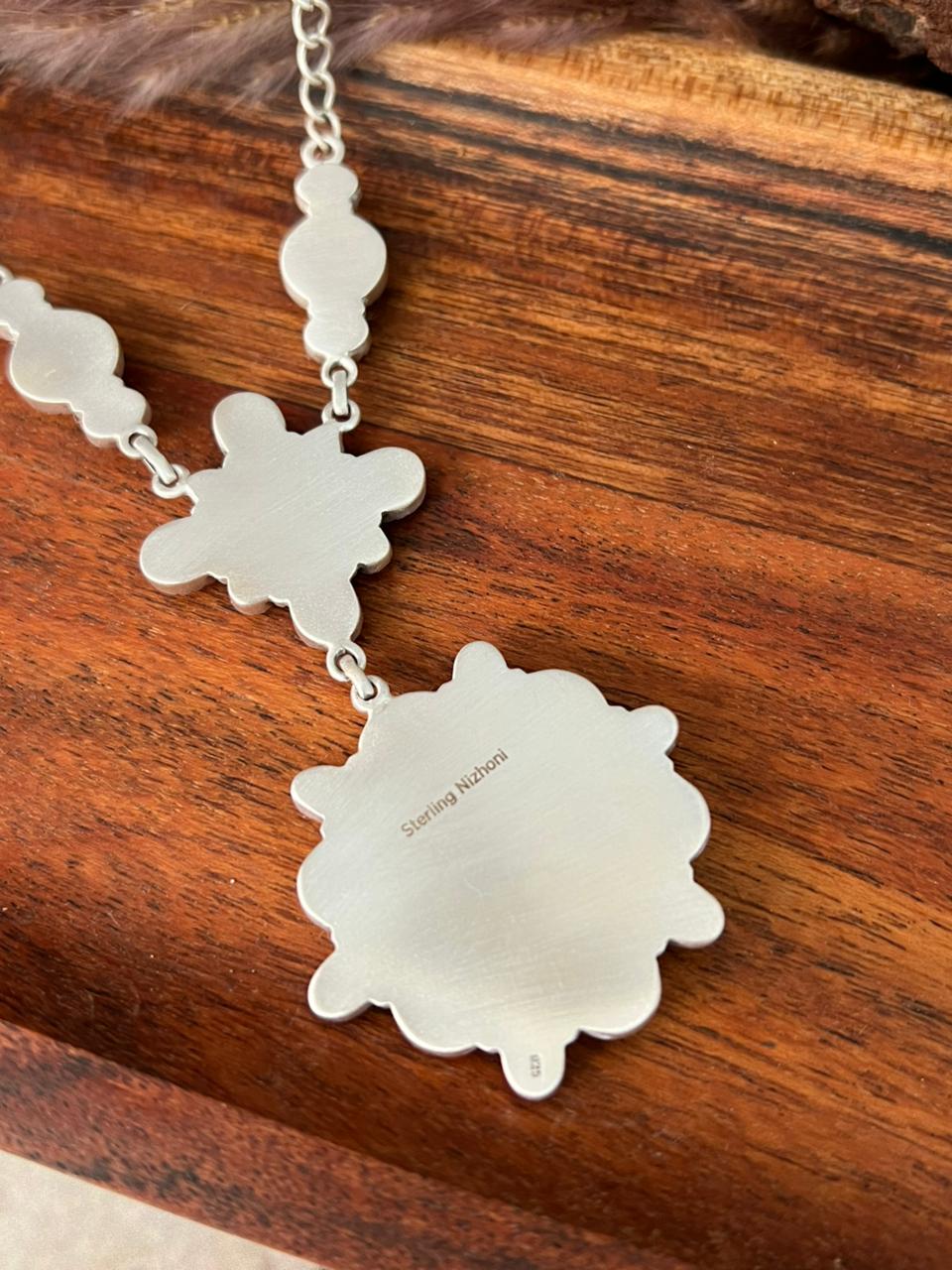 Handmade Sterling Silver Palomino Turquoise with Orange Mojave Drop Necklace "Signed Nizhoni"