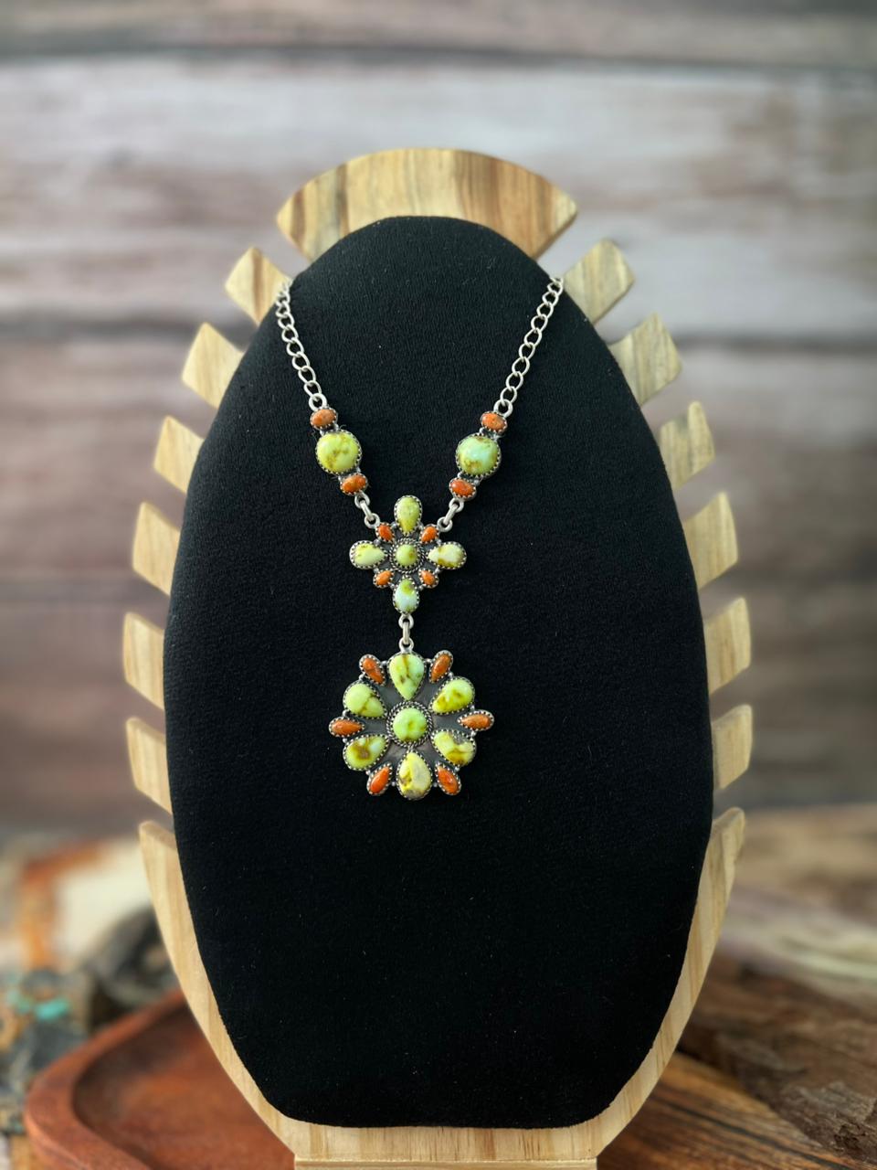 Handmade Sterling Silver Palomino Turquoise with Orange Mojave Drop Necklace "Signed Nizhoni"
