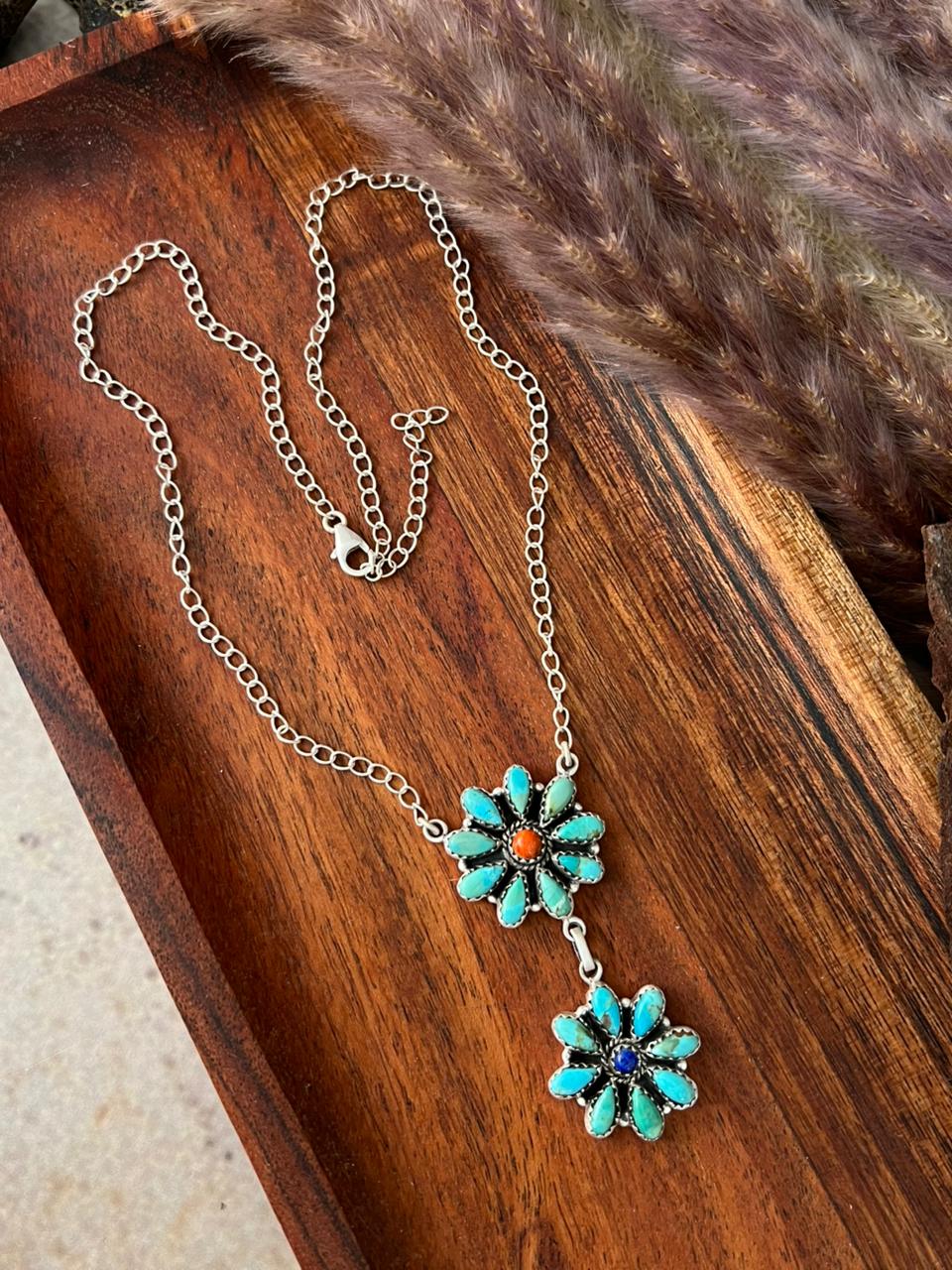 Handmade Sterling Silver Lapis with Kingman Turquoise and Orange Mojave Necklace "Signed Nizhoni"