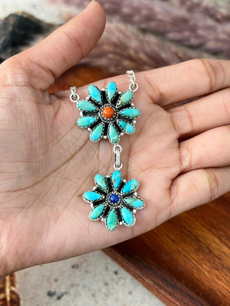 Handmade Sterling Silver Lapis with Kingman Turquoise and Orange Mojave Necklace "Signed Nizhoni"
