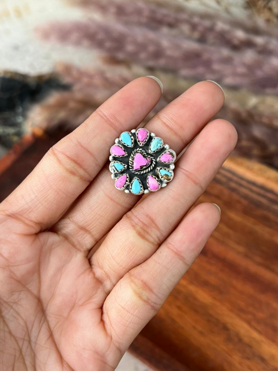 Handmade Sterling Silver Cotton Candy Adjustable Heart Ring "Signed Nizhoni"