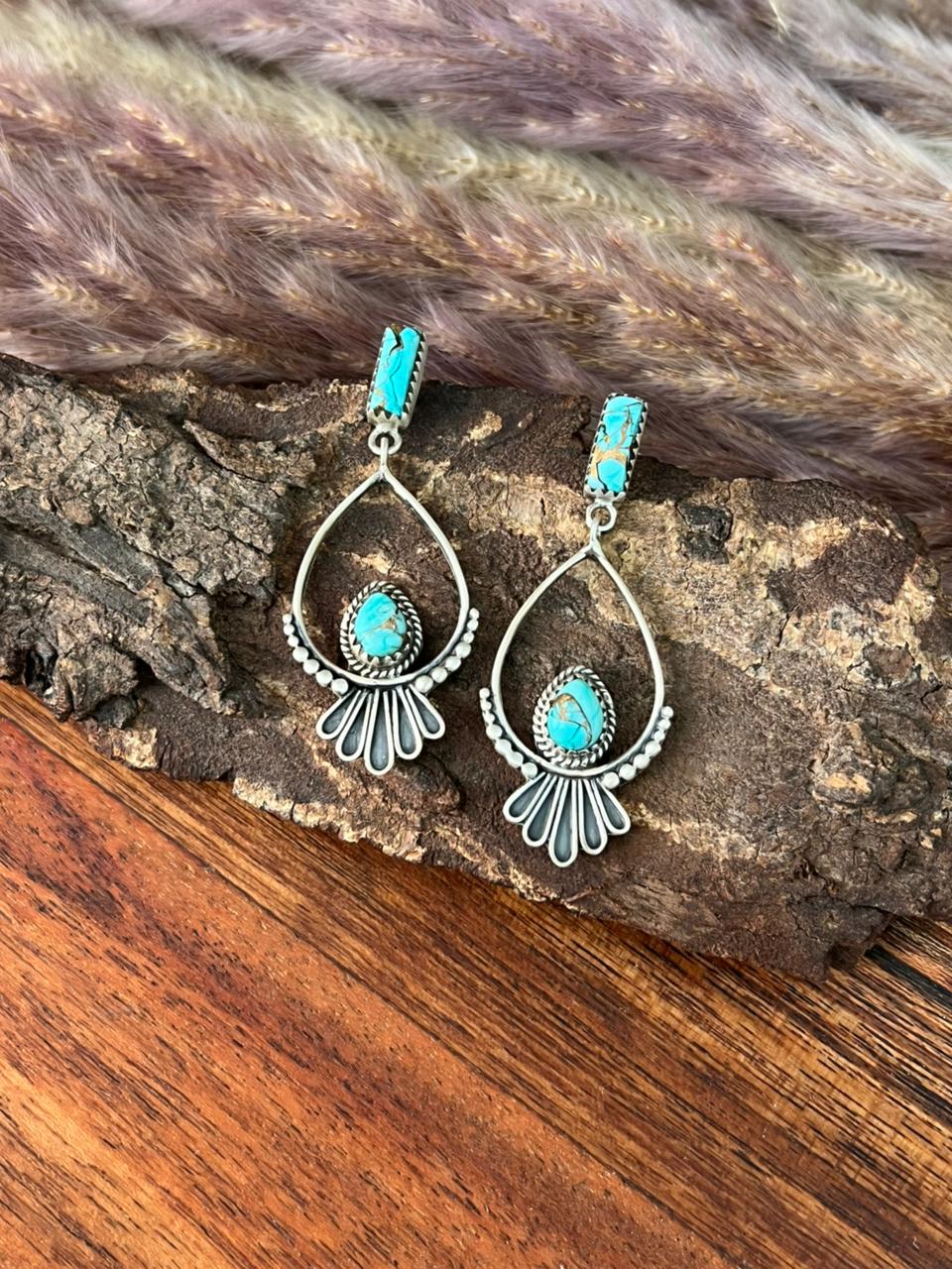 Handmade Sterling Silver Mint Dahlia Post Dangle Earrings "Signed Nizhoni"