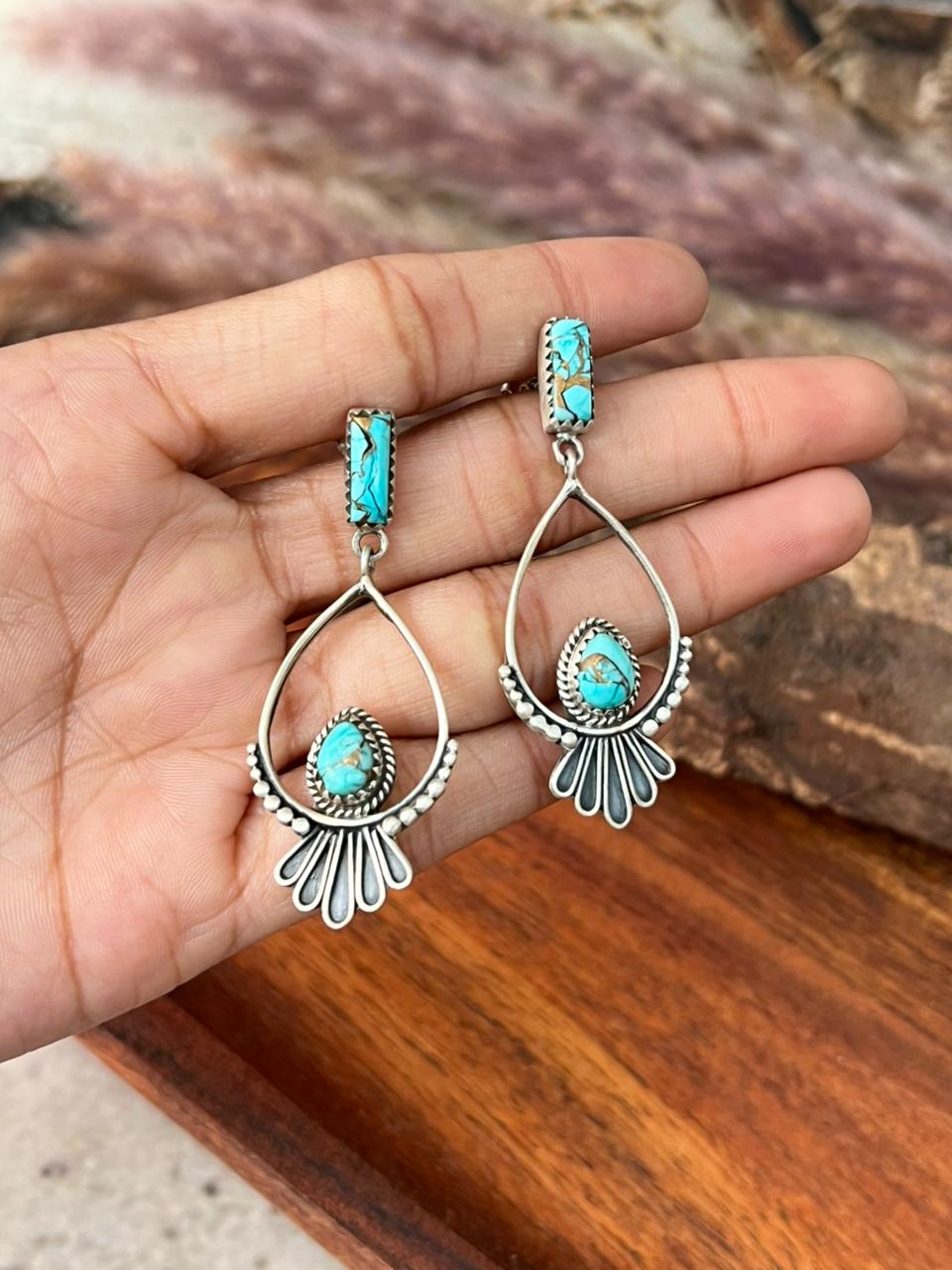 Handmade Sterling Silver Mint Dahlia Post Dangle Earrings "Signed Nizhoni"
