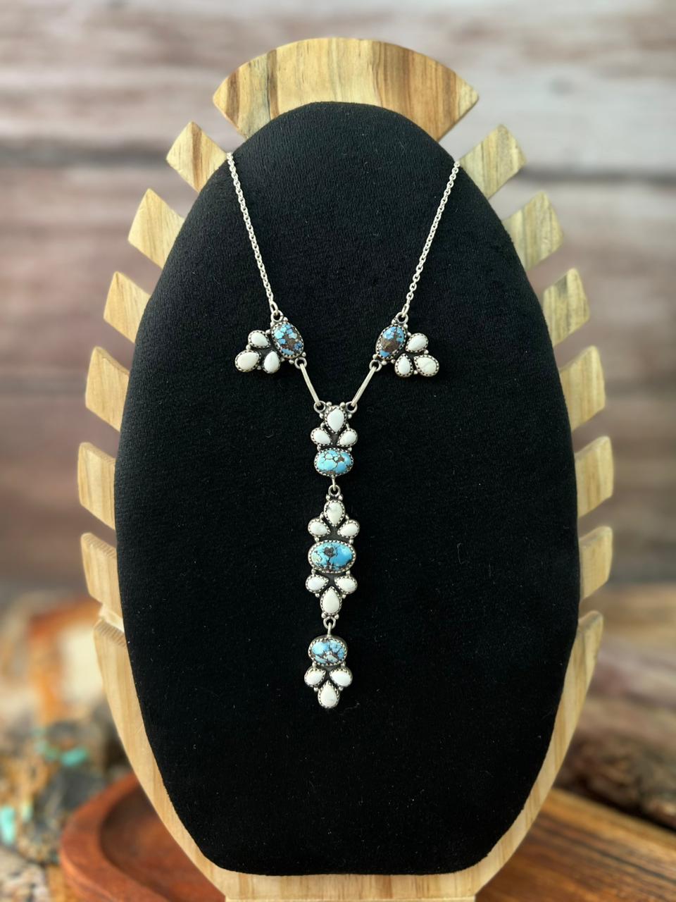 Handmade Sterling Silver Canyon Sunset Collection: Golden Hills Turquoise with White Buffalo Lariat Necklace "Signed Nizhoni"
