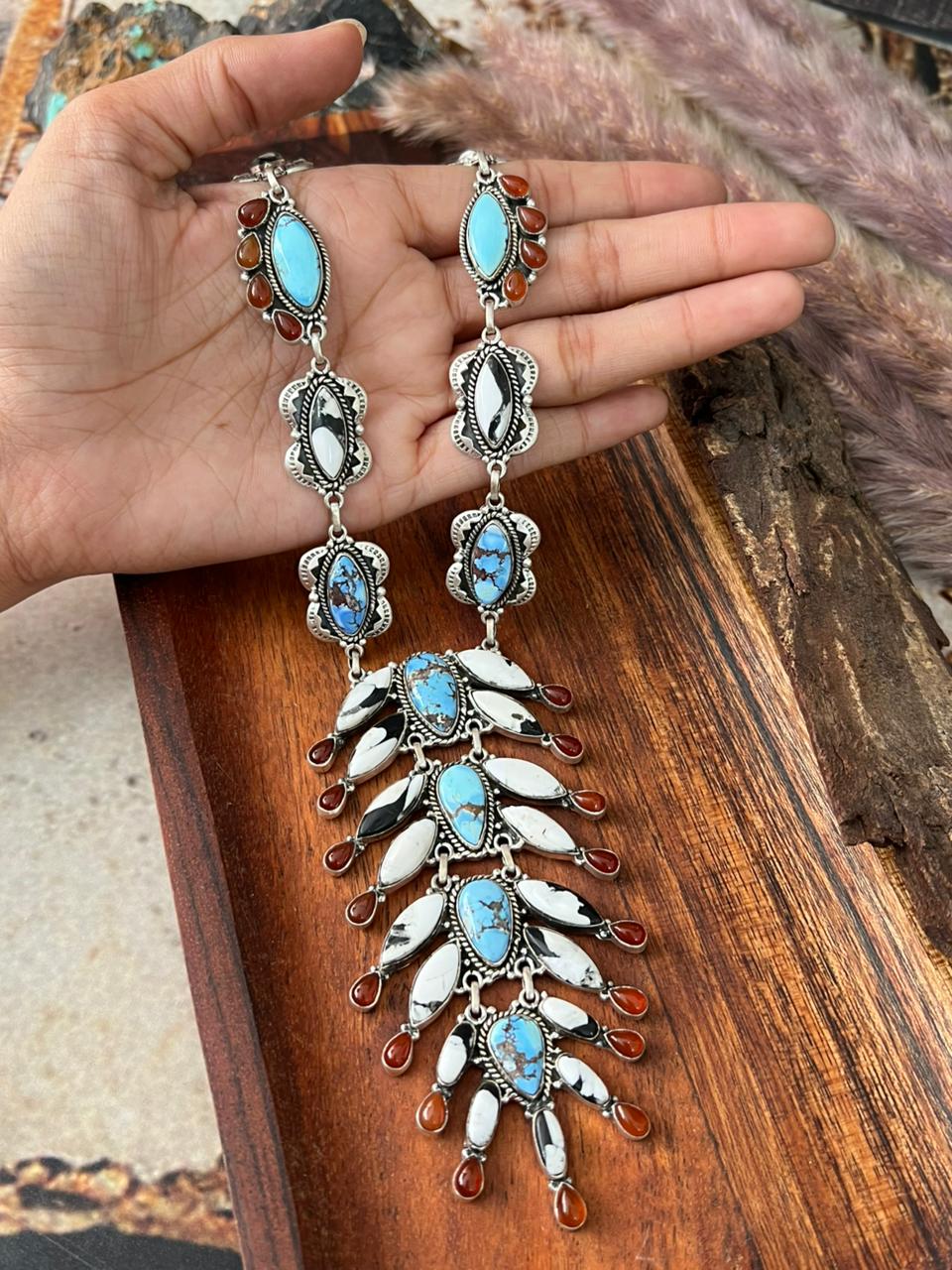Handmade Sterling Silver Canyon Sunset Collection: Golden Hills Turquoise with White Buffalo and Carnelian Necklace "Signed Nizhoni"
