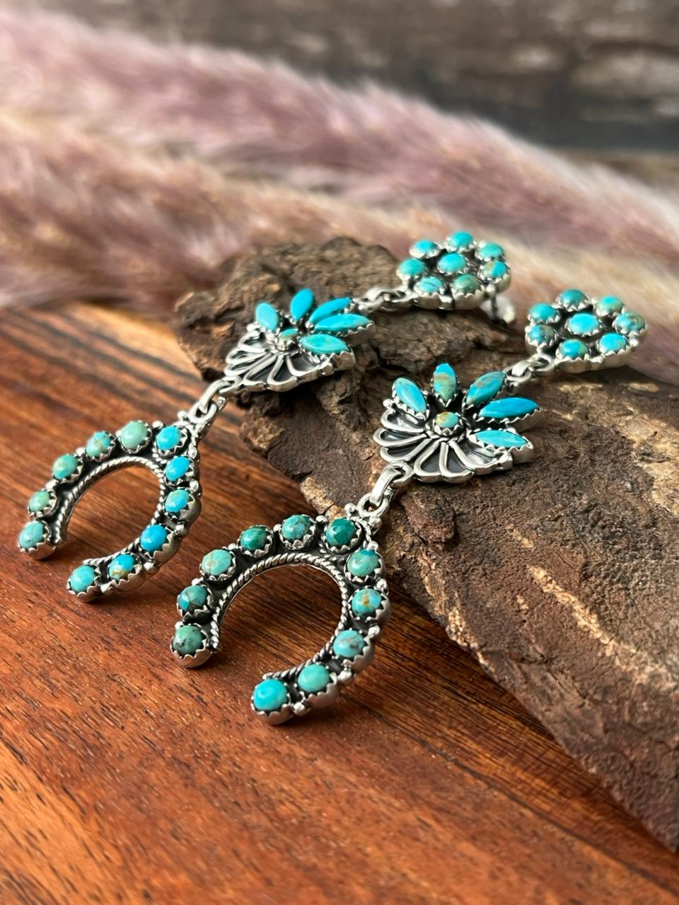 Handmade Sterling Silver Kingman Turquoise Post Dangle Earrings "Signed Nizhoni"
