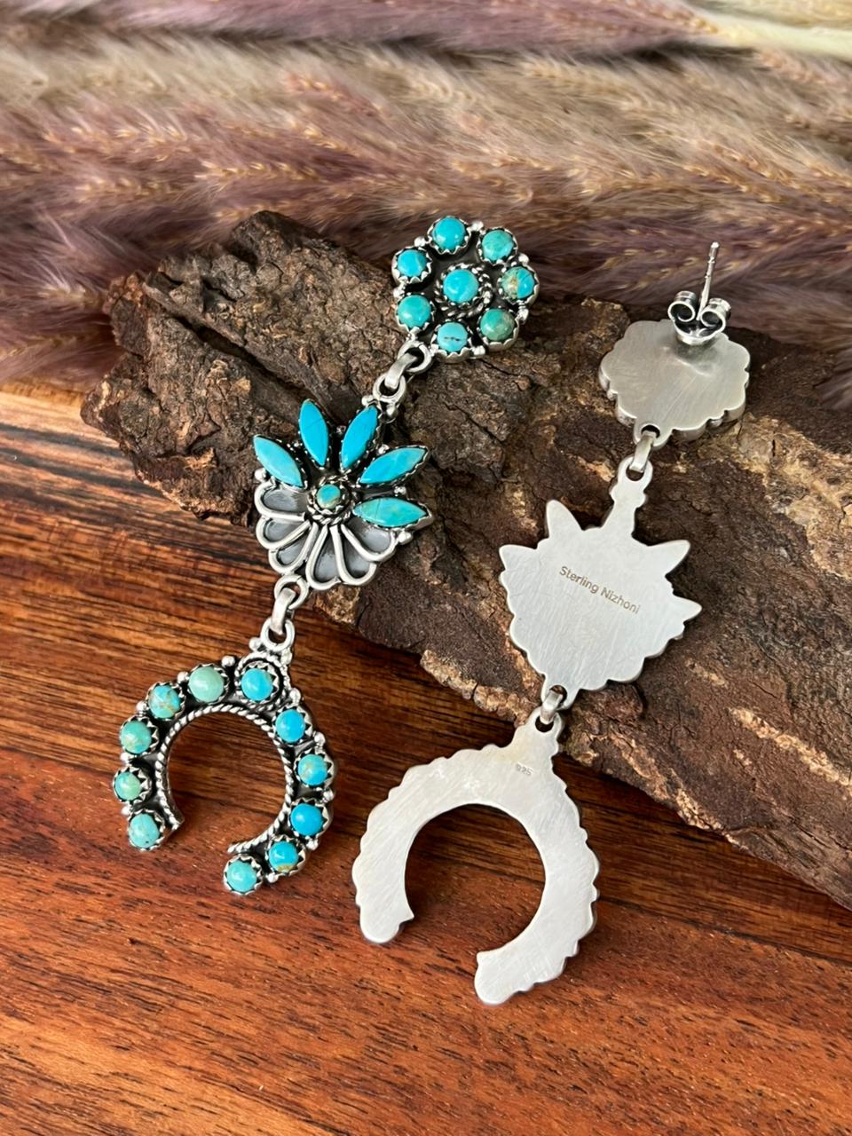 Handmade Sterling Silver Kingman Turquoise Post Dangle Earrings "Signed Nizhoni"