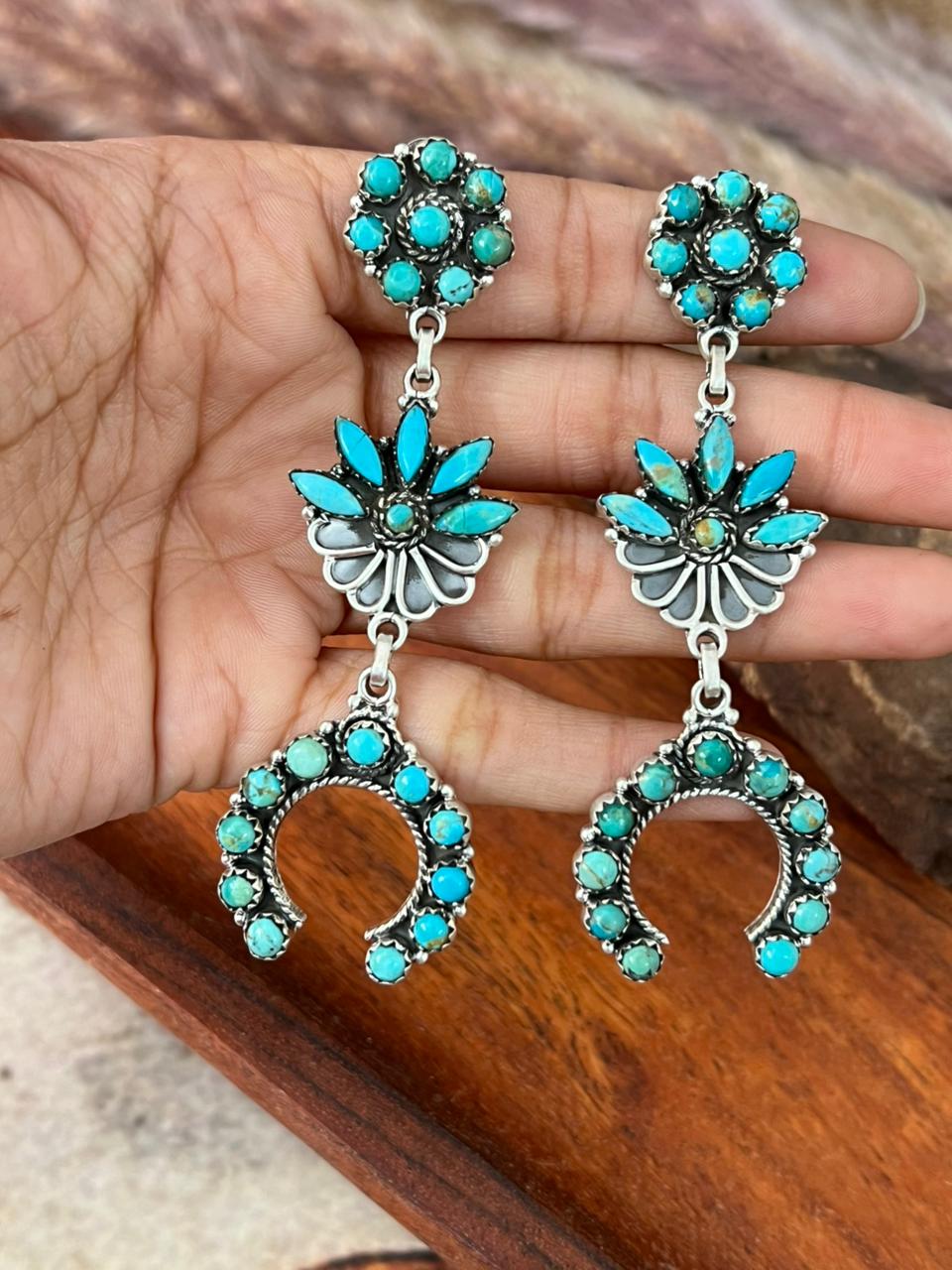 Handmade Sterling Silver Kingman Turquoise Post Dangle Earrings "Signed Nizhoni"